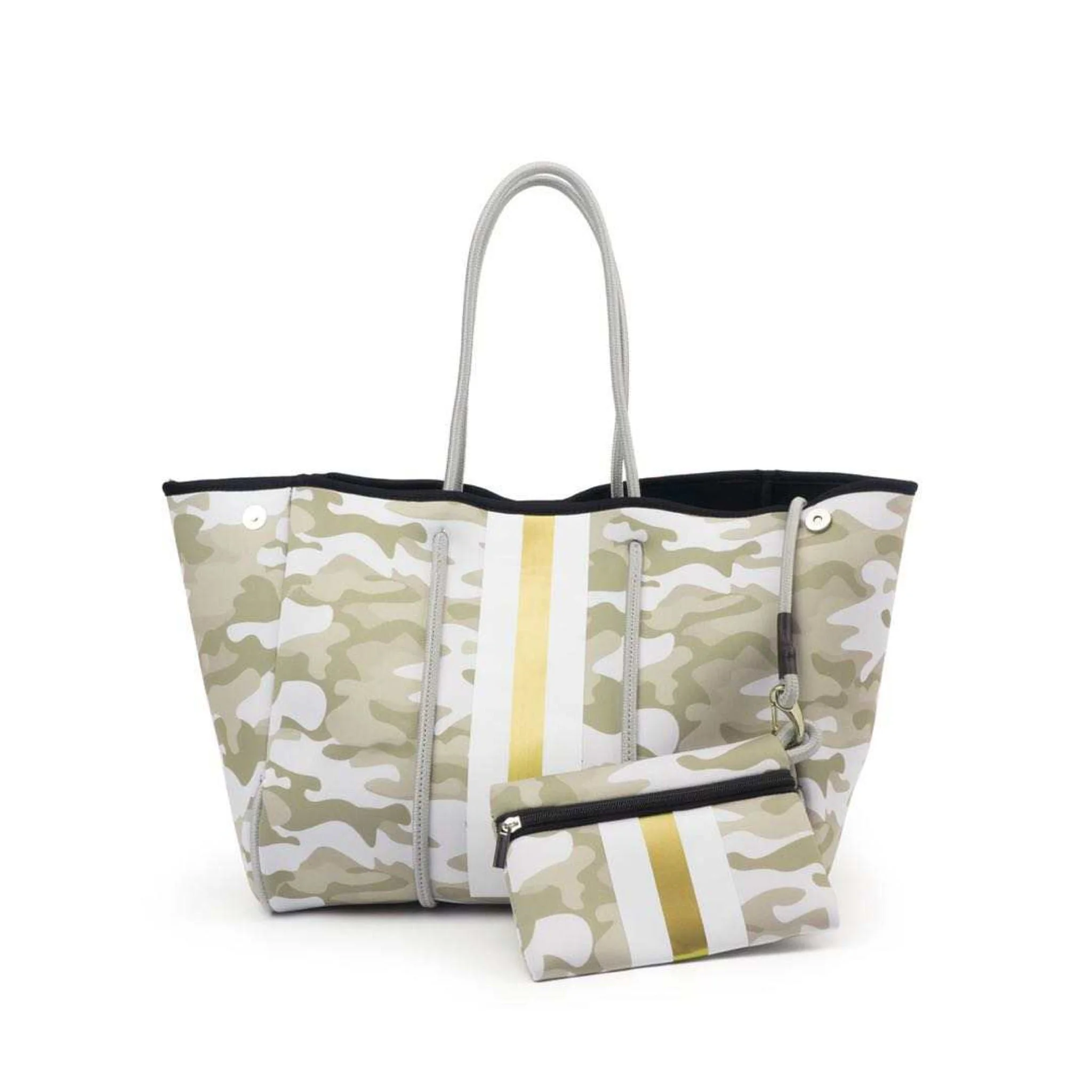 camo striped neoprene tote