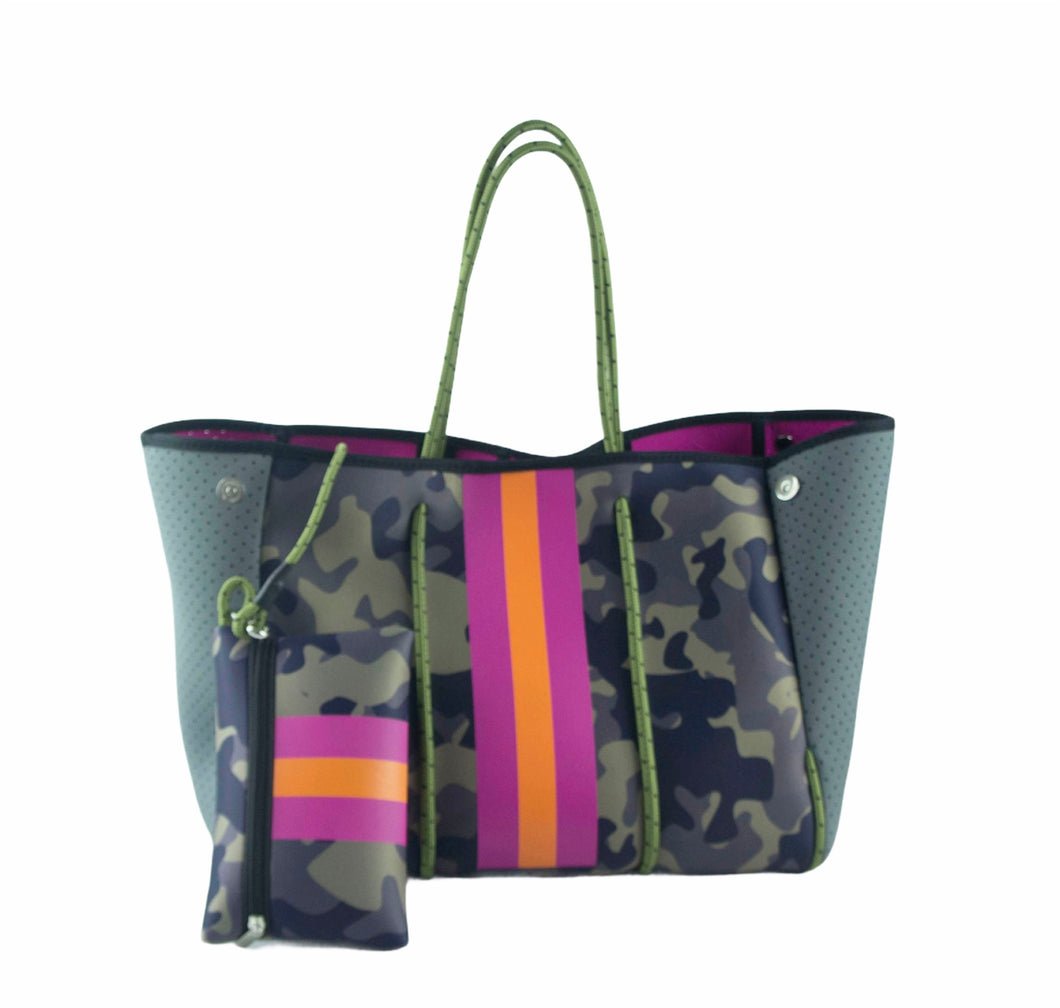 Green with Pink Stripe Neoprene Tote Bag - Pressed to Impress, LLC