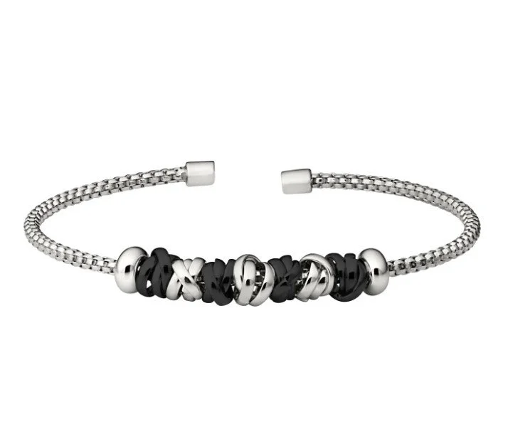 Kelly Waters Bella Cavo Rhodium Finish Sterling Silver Rounded Box Link Cuff Bracelet with Rhodium and Black Rhodium Finish Interlocked Rings