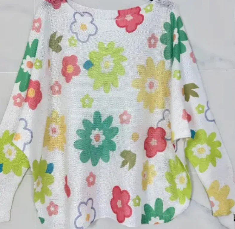 LOOWIE Multi Floral Daisy Round Knit Printed Sweater