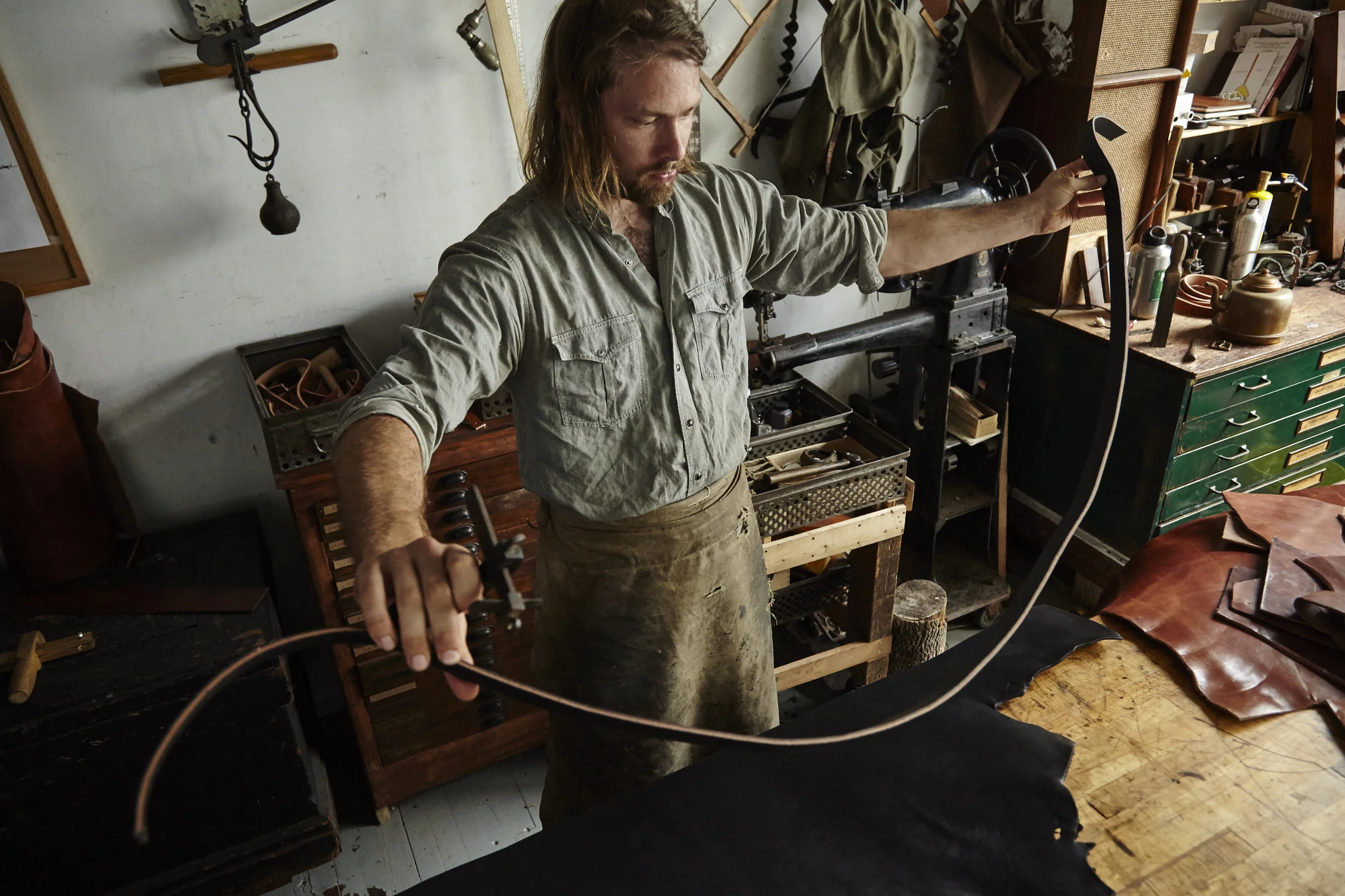 Because our bags are hand cut, we can take the various elements from the parts of the hide that make sense, the side panels for instance can be cut from the thinner softer joints for flexibility, and belts and straps cut from the tougher areas along the spine. 
