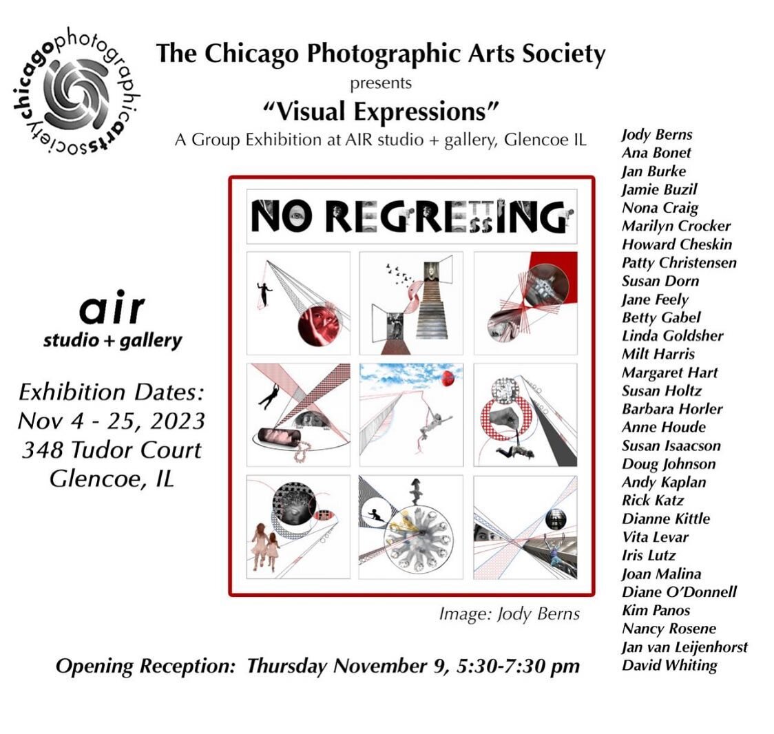 Join me at the opening reception at AIR Studio and Gallery in Glencoe November 9th from 5:30-7:30pm. The exhibit, called &quot;Visual Expressions&quot;, is a collective from Chicago Photographic Arts Society. It's a great time to stop by and meet the