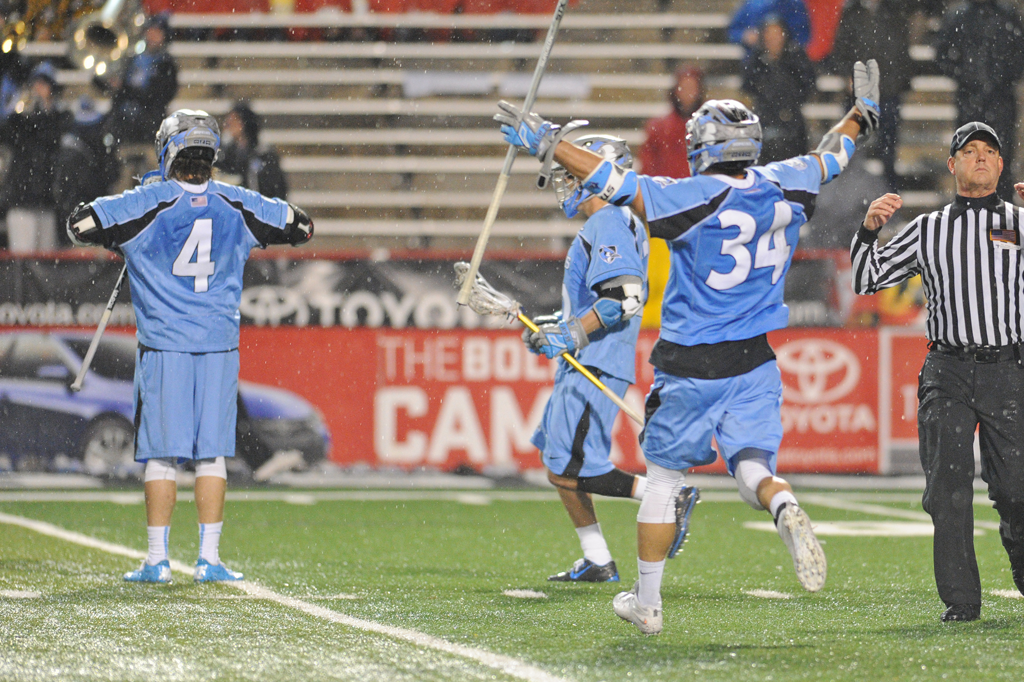 Johns Hopkins attackman Ryan Brown performs a superman pose after he scores a goal during the Terps' 12-15 loss to the Johns Hopkins Blue Jays on April 25, 2015.