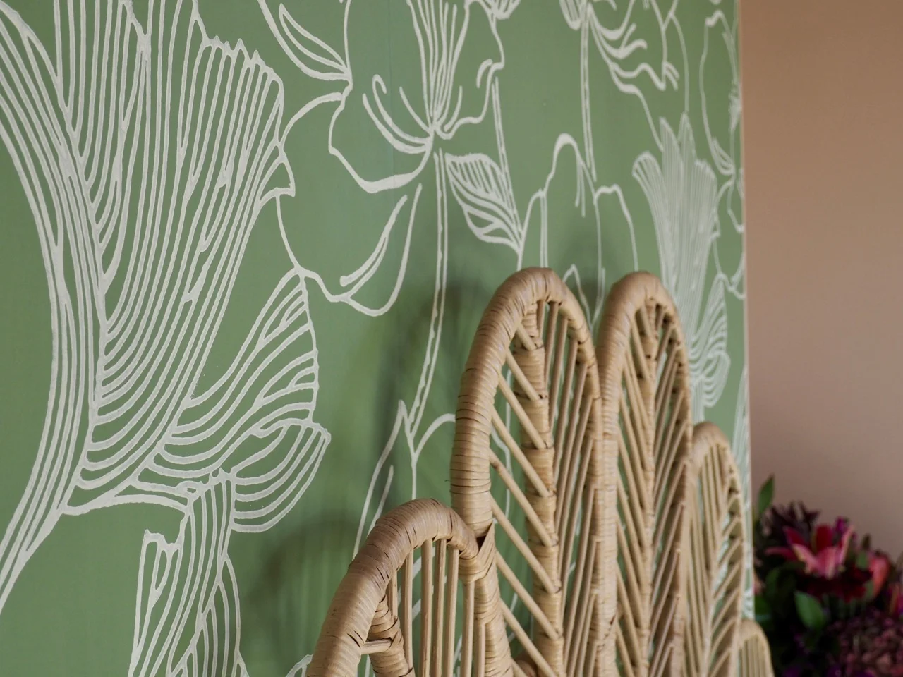 Charmer in Alexandra Master Bedroom Wallpaper Pink Green Pearl Drapes Rattan Pendant Sage Green Linen Lounger - 19.jpg