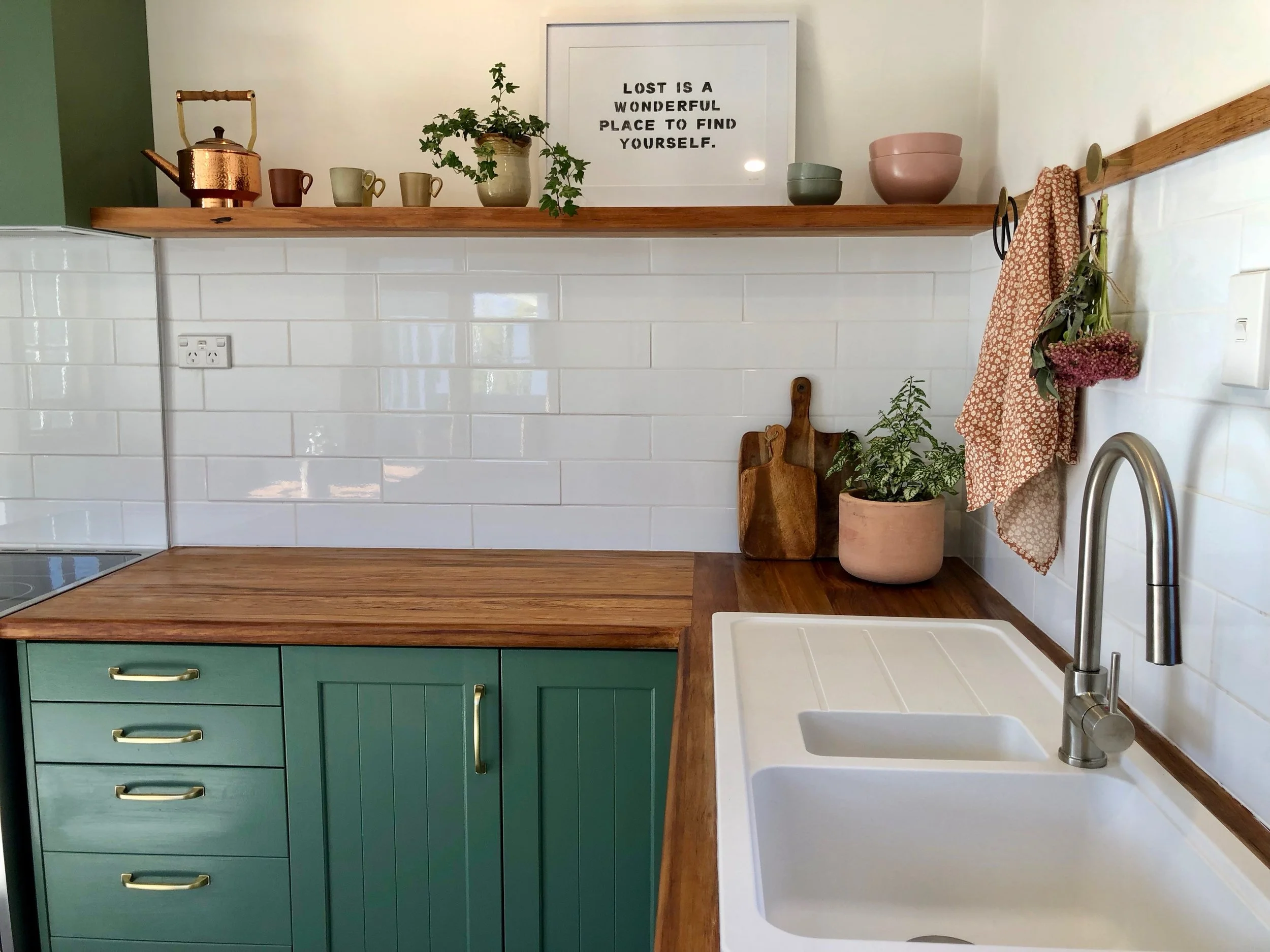 Pearson and Projects Kitchen Reveal Farmhouse Green Timber Bench Shelf Breakfast Table White Sink Cottage - 13.jpg