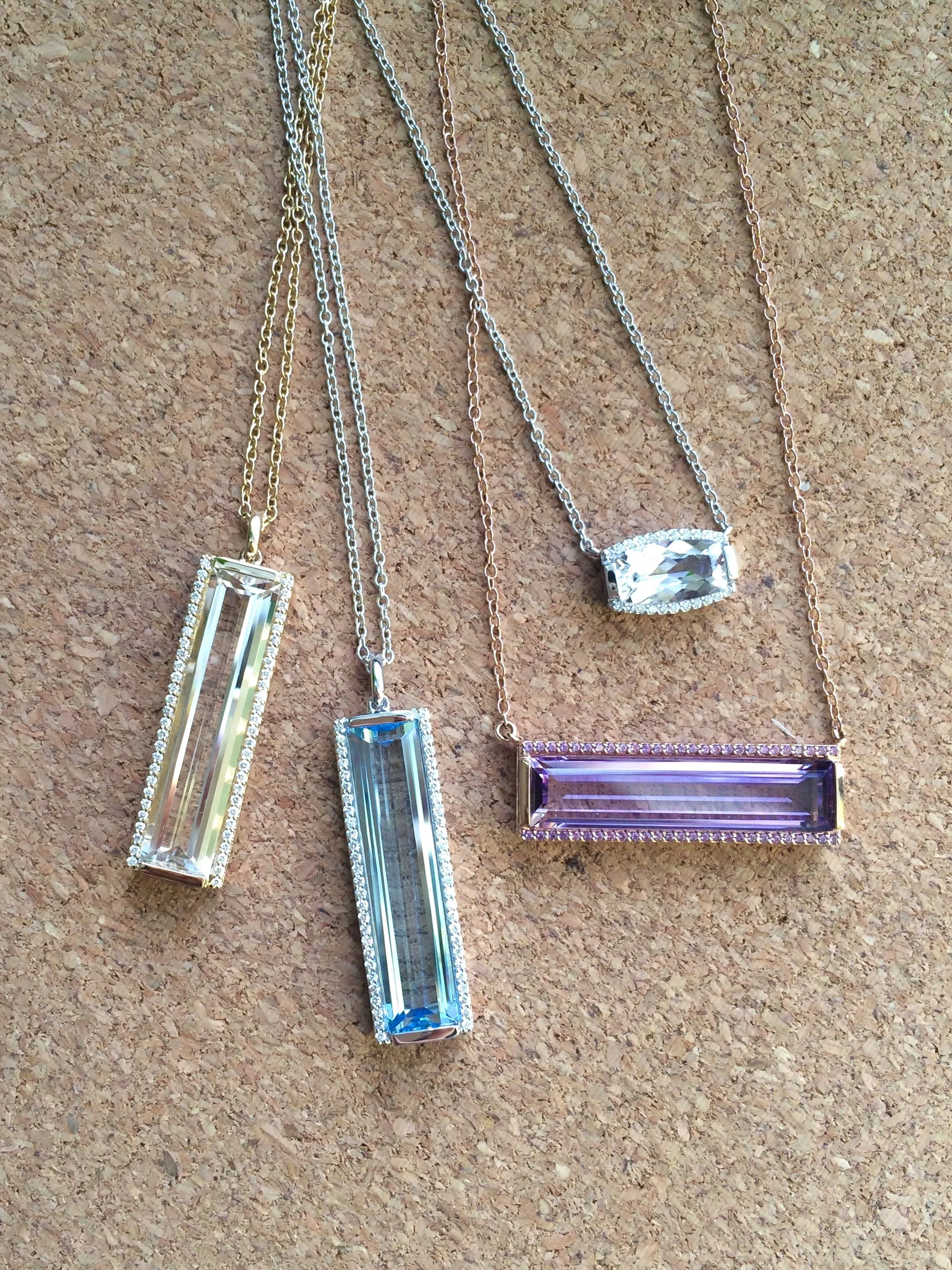 Jane Taylor Jewelry - Baguette Bar and Barrel-Cut Necklaces with Amethyst, Blue Topaz, White Quartz, Green Quartz and Diamonds in 14K Gold.