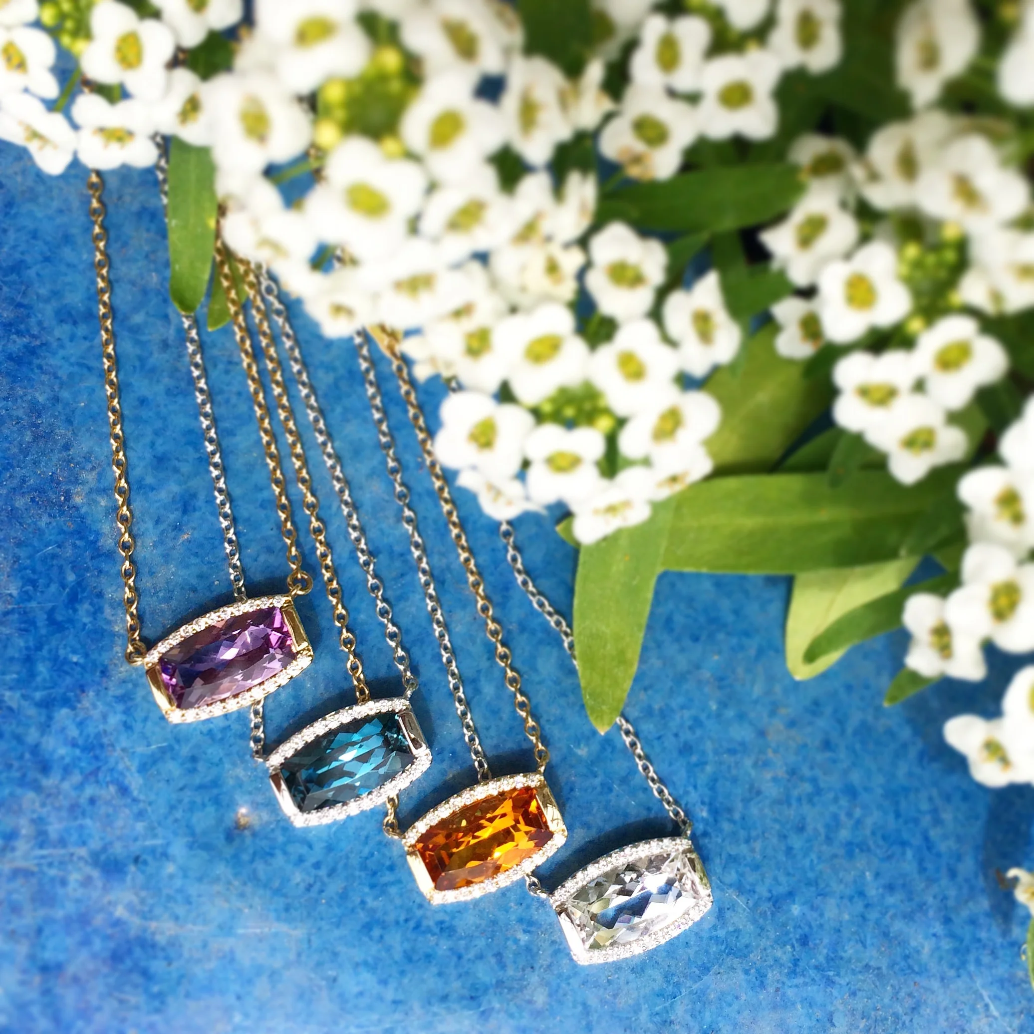 Jane Taylor Jewelry - Rosebud Barrel-Cut Necklaces with Amethyst, London Blue Topaz, Citrine and White Quartz in 14K Gold.