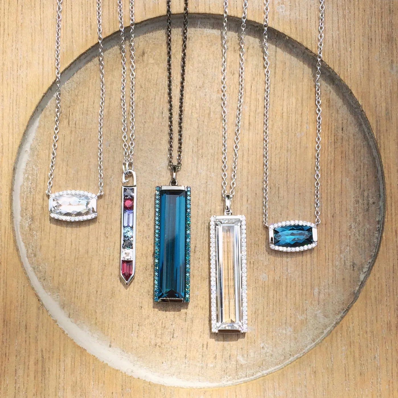 Jane Taylor Jewelry - Barrel-cut, Baguette Bar and Vertical Arrow Necklaces with Topaz, Garnet, Quartz and Diamonds in 14K Gold.