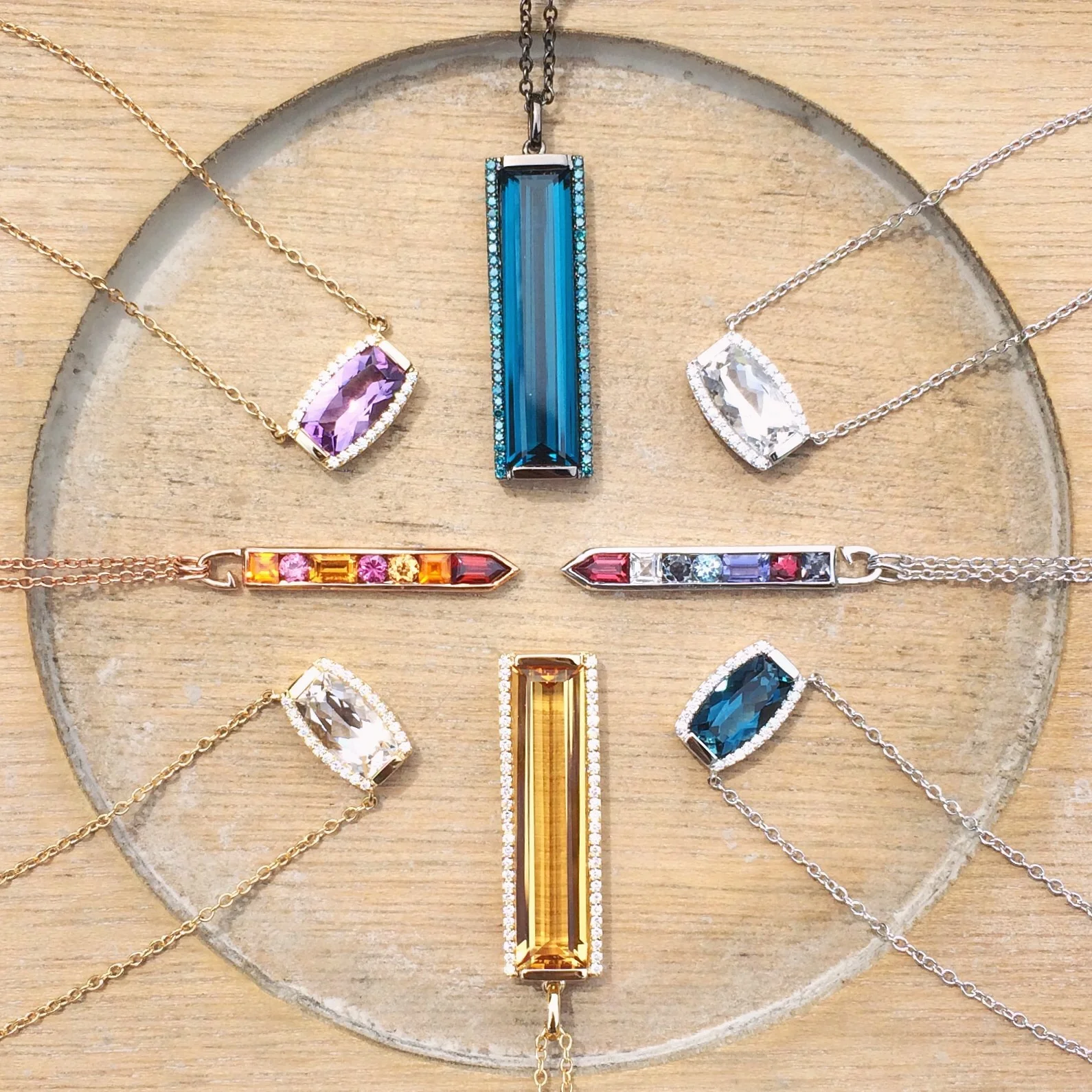 Jane Taylor Jewelry - Horizontal Barrel, Vertical Baguette Bar, and Vertical Arrow Necklaces with Tourmaline, Topaz, Amethyst, Citrine, Garnet and Diamonds in 14K Gold.