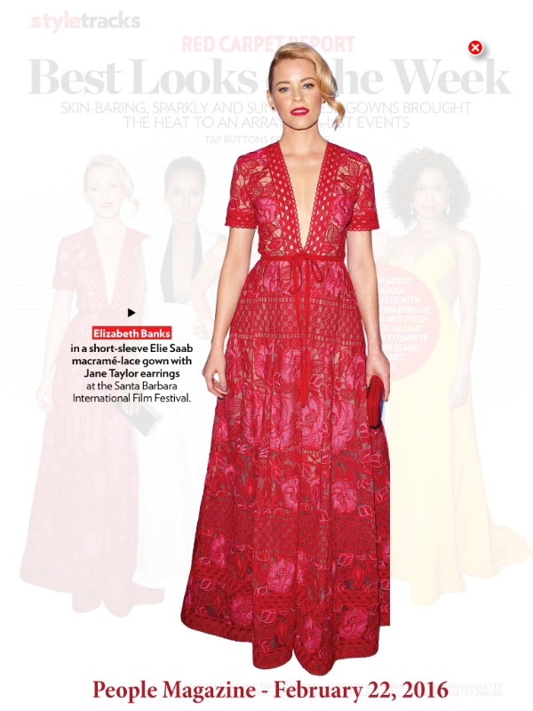 Elizabeth Banks in Jane Taylor Jewelry red garnet kite stud earrings at the Santa Barbara International Film Festival, featured in People Magazine