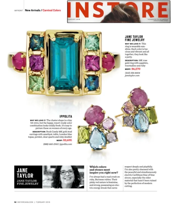 Jane Taylor Jewelry Cirque Cloud Swing Ring with tourmaline, sapphire and rubies in InStore Magazine
