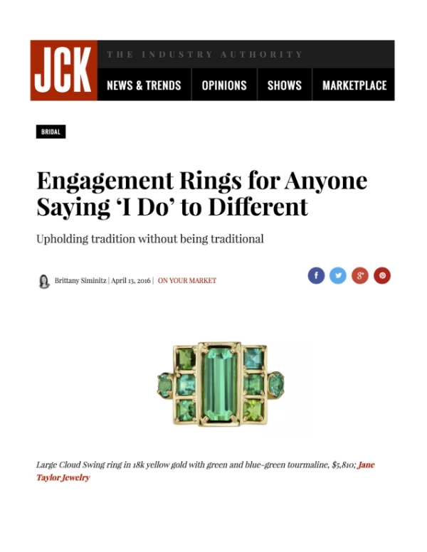 Jane Taylor Jewelry Cirque Cloud Swing ring with green tourmaline in JCK online's alternative engagement rings