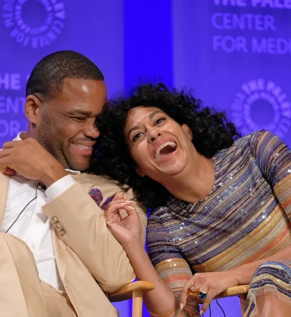 Tracy Ellis Ross at Paley fest with Anthony Anderson for Blackish, wearing Jane Taylor Jewelry Cirque rings with topaz, citrine, morganite