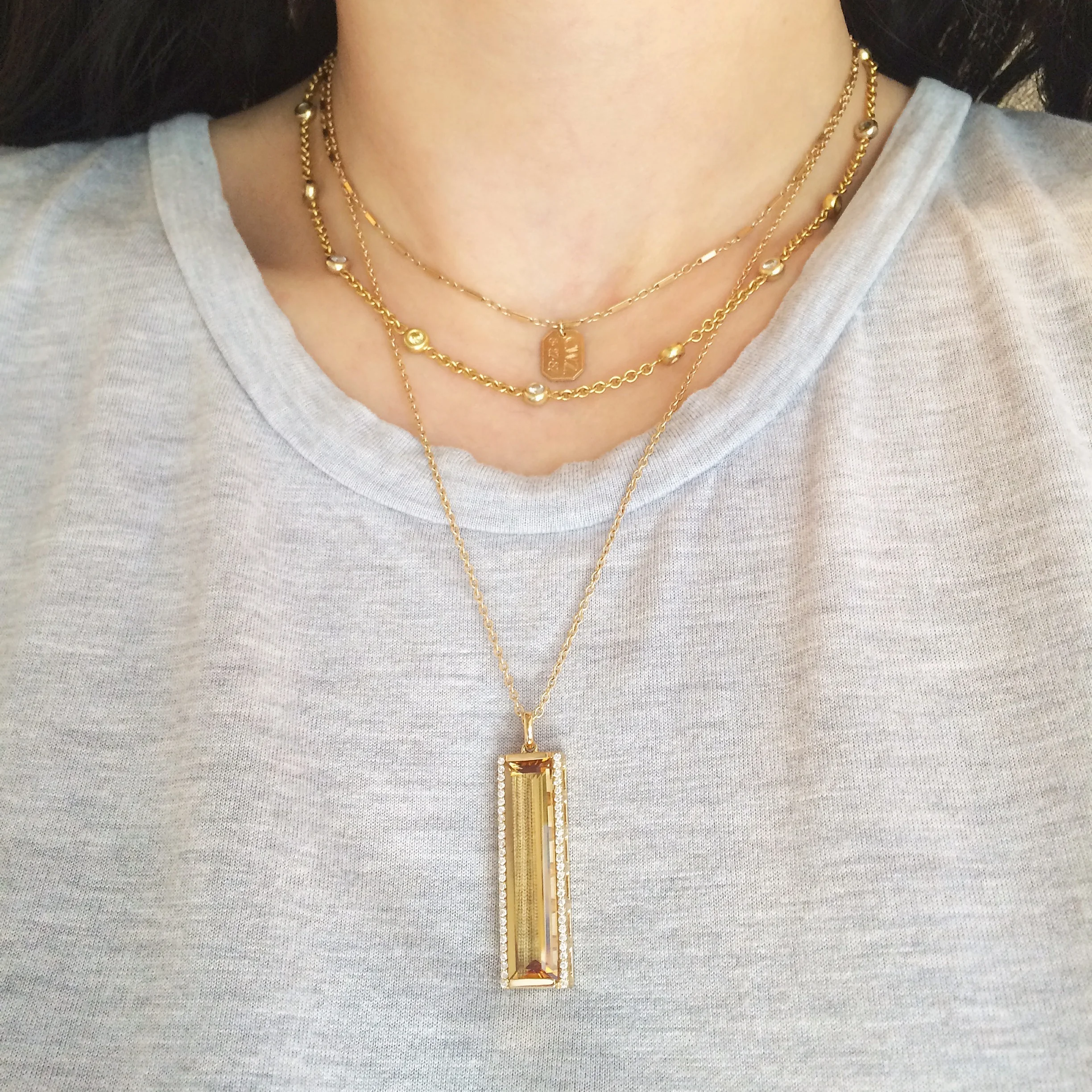 Jane Taylor Jewelry - Rosebud Vertical Bar Necklace with Citrine and Diamonds in 14K Yellow Gold.
