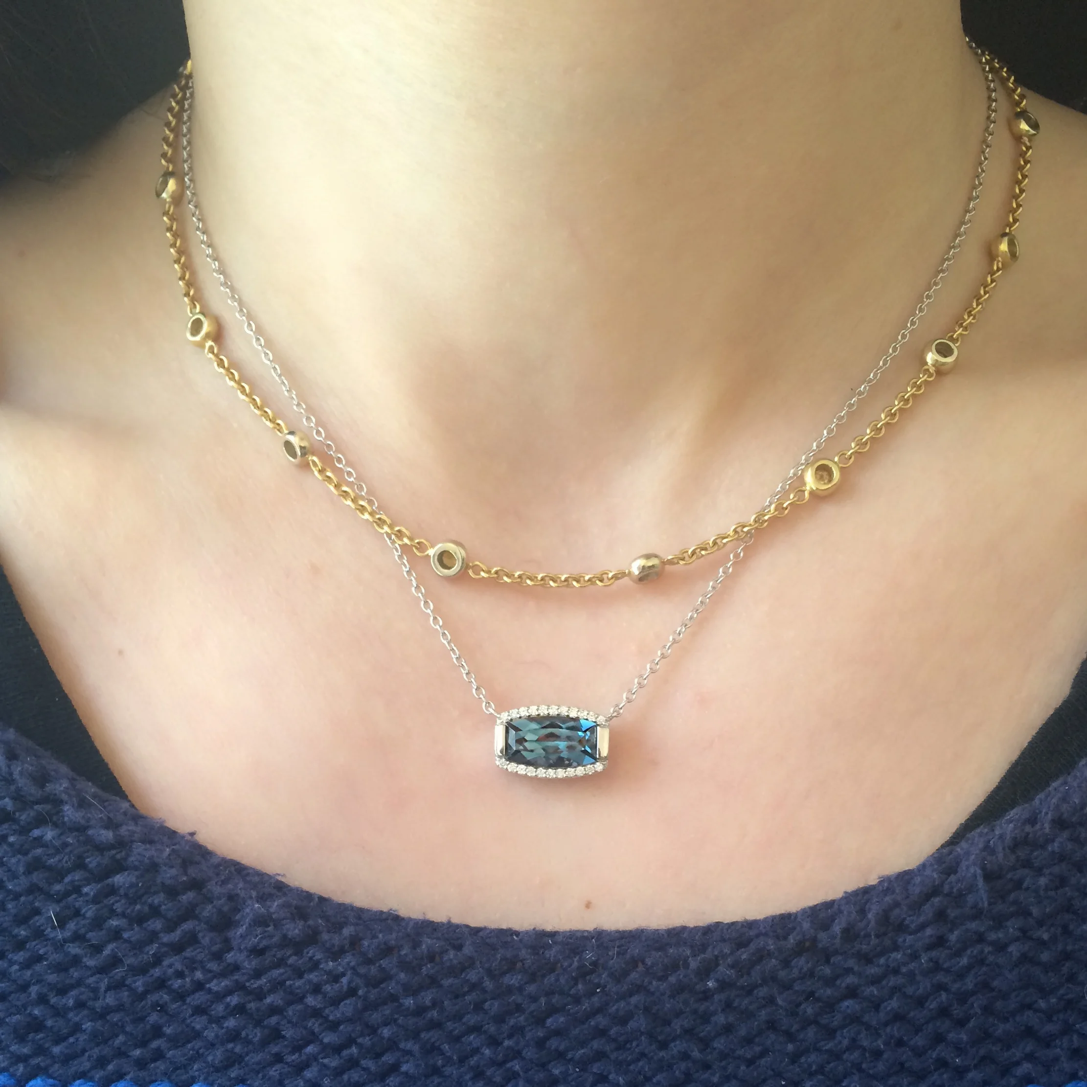 Jane Taylor Jewelry - Rosebud Barrel-Cut Necklace with Blue Topaz and Diamonds in 14K Gold.