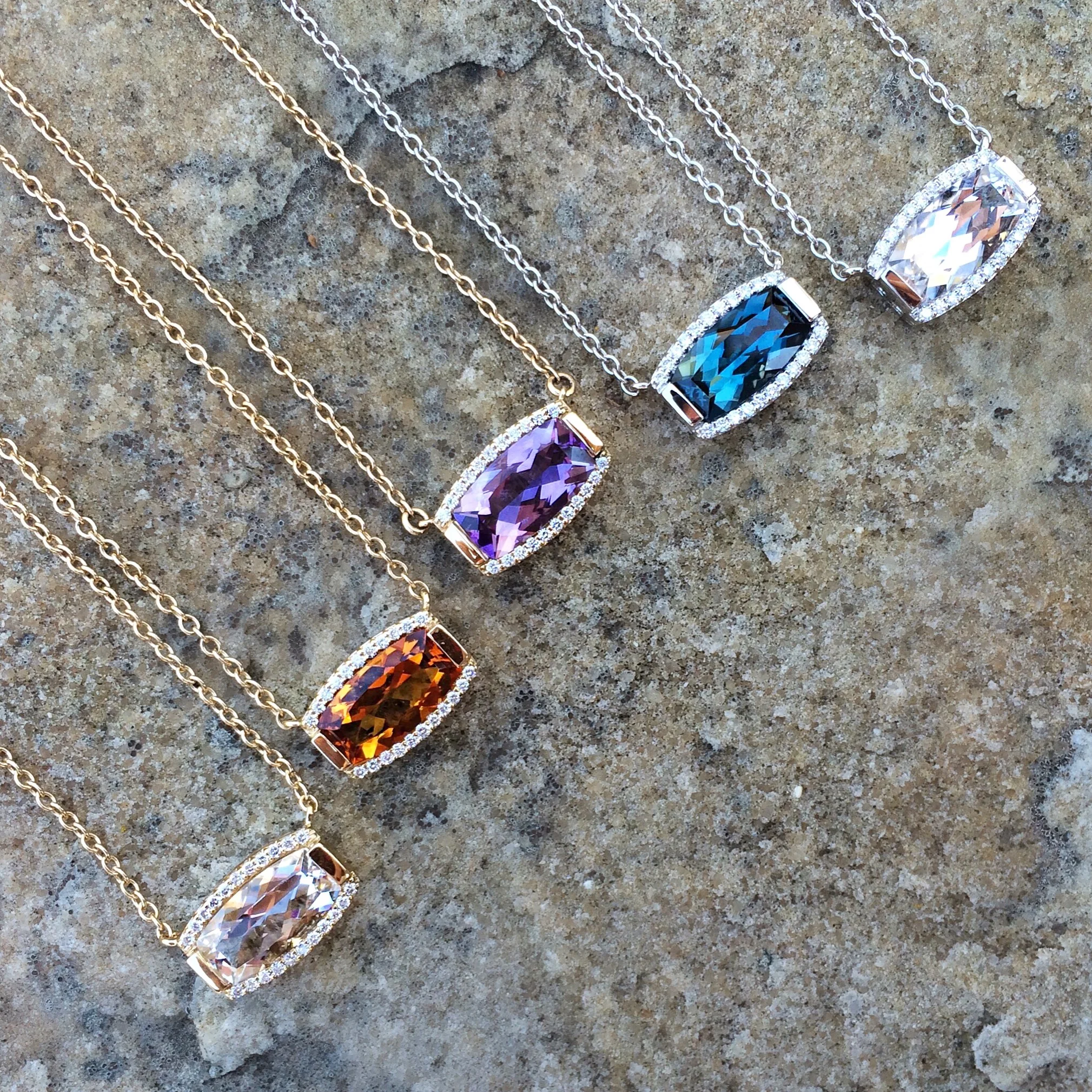 Jane Taylor Jewelry - Rosebud Barrel-Cut Necklaces with Amethyst, London Blue Topaz, Citrine and White Quartz in 14K Gold.