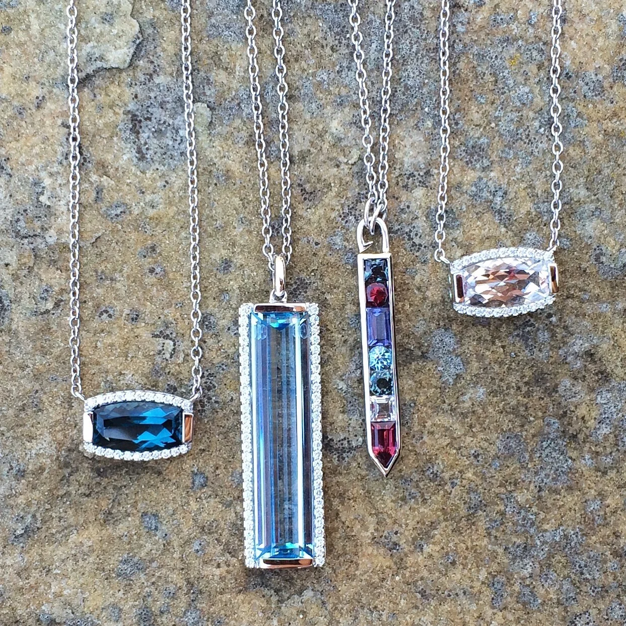 Jane Taylor Jewelry - Barrel-Cut, Vertical Baguette Bar, and Vertical Arrow Necklaces with Topaz, Quartz, Garnet, and Diamonds in 14K Gold.