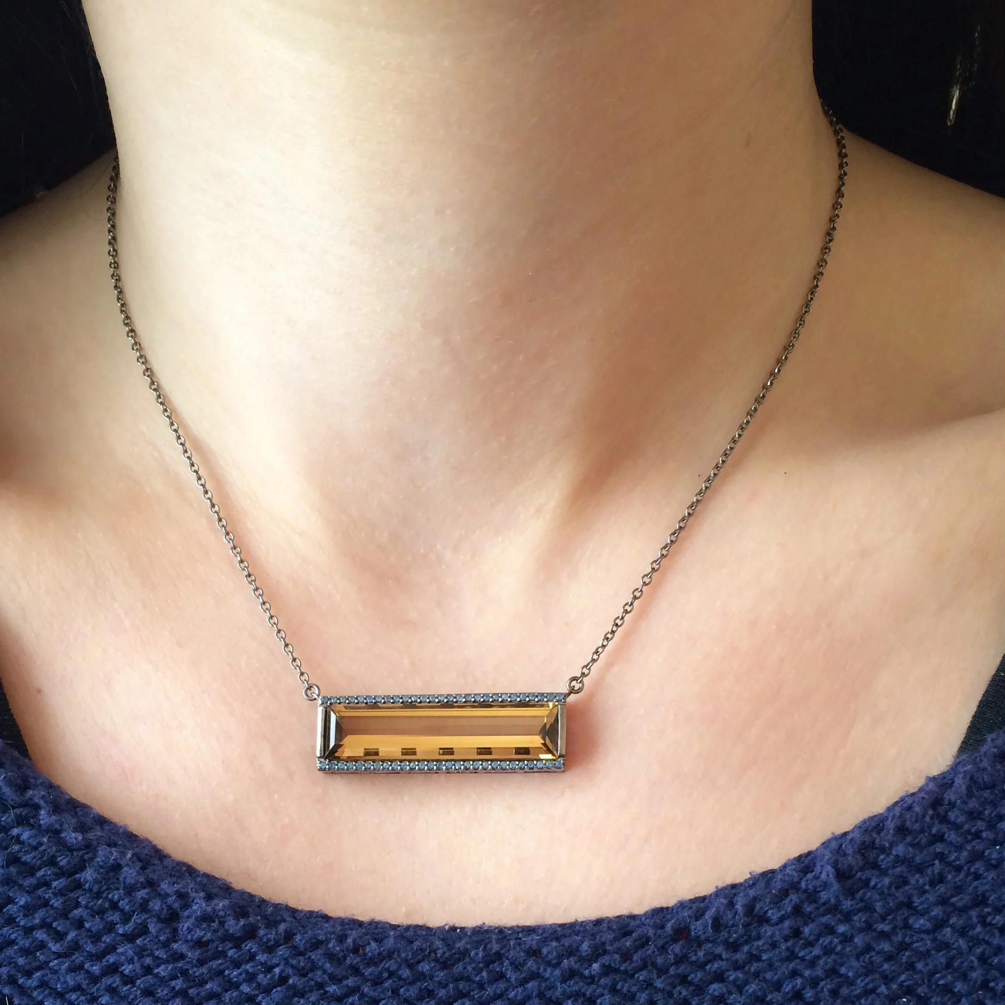 Jane Taylor Jewelry - Rosebud Horizontal Bar Necklace with Cognac Quartz and Yellow Sapphires in 14K Rose Gold.