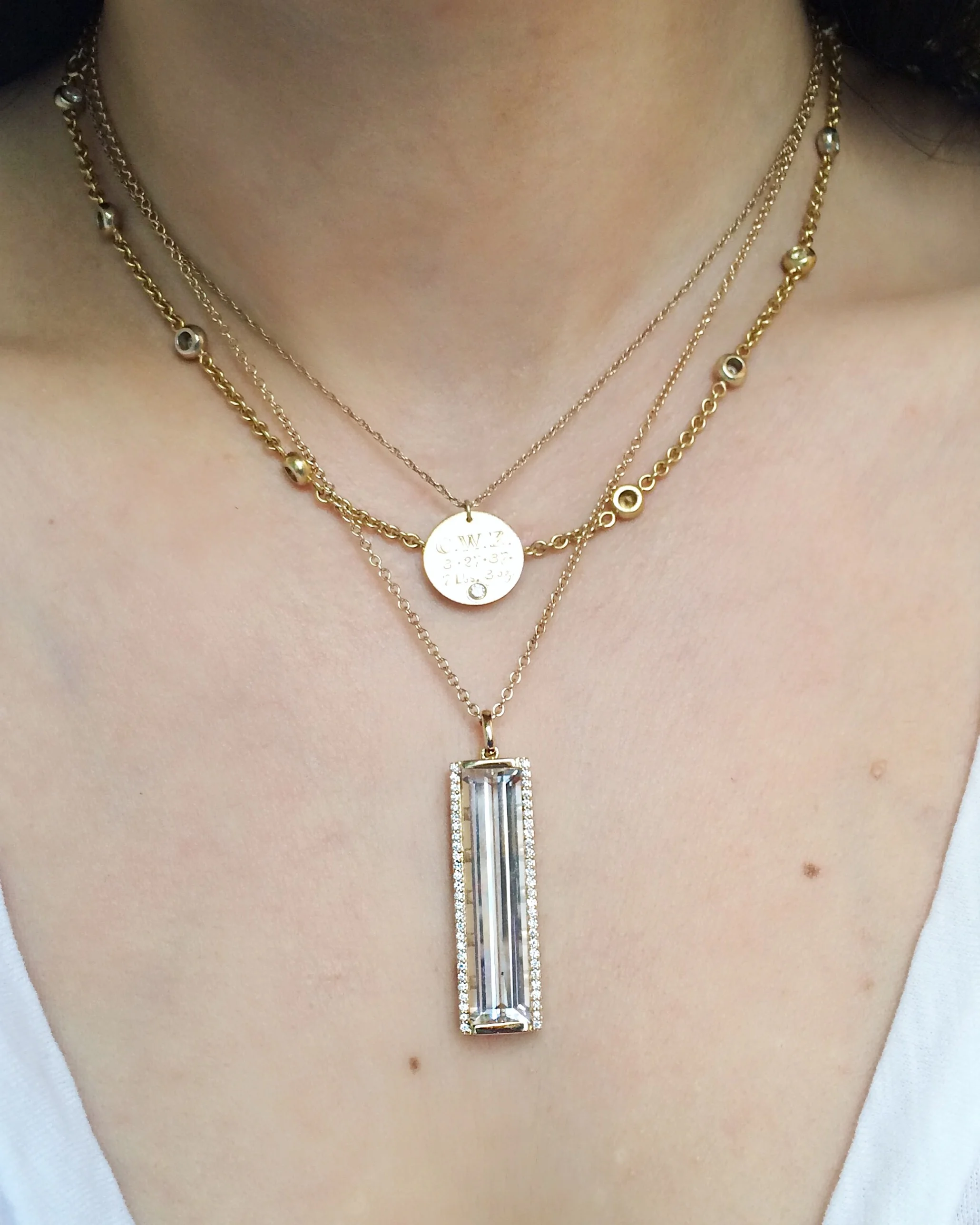 Jane Taylor Jewelry - Rosebud Vertical Bar Necklace with White Topaz and Diamonds in 14K Yellow Gold.