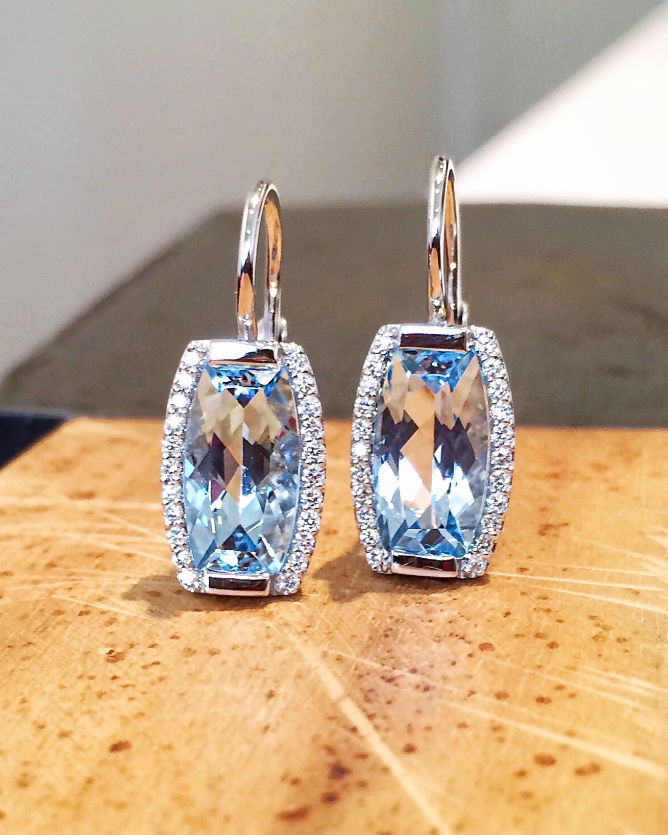 Jane Taylor Jewelry - Rosebud Tonneau Earrings with Blue Topaz and Diamonds in 14K White Gold
