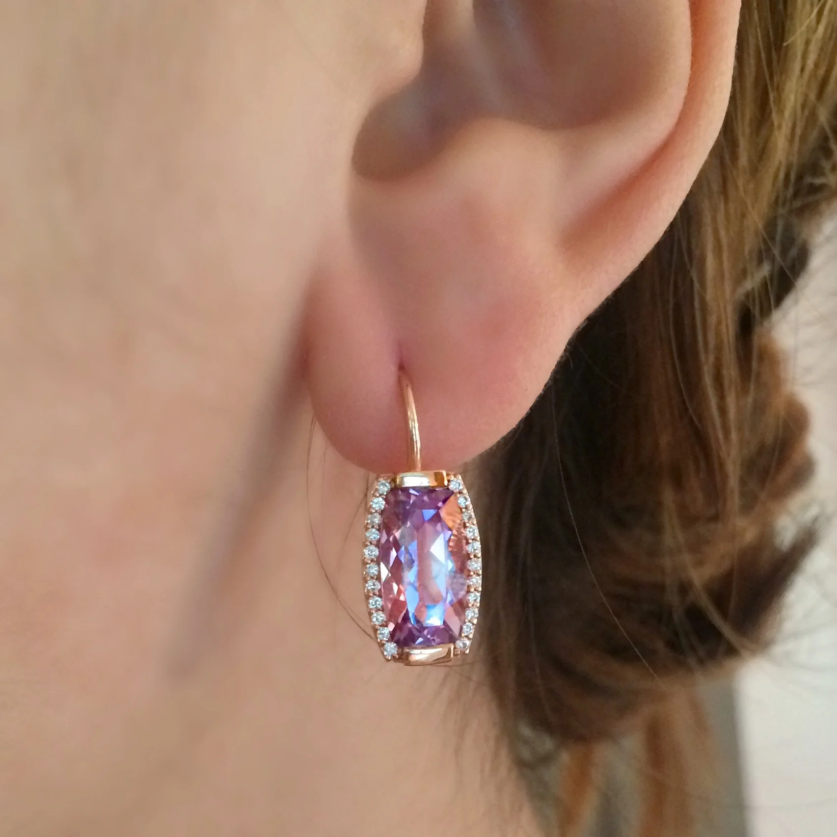 Jane Taylor Jewelry - Rosebud Barrel Drop Earrings with Amethyst and Diamonds in 14K rose gold.