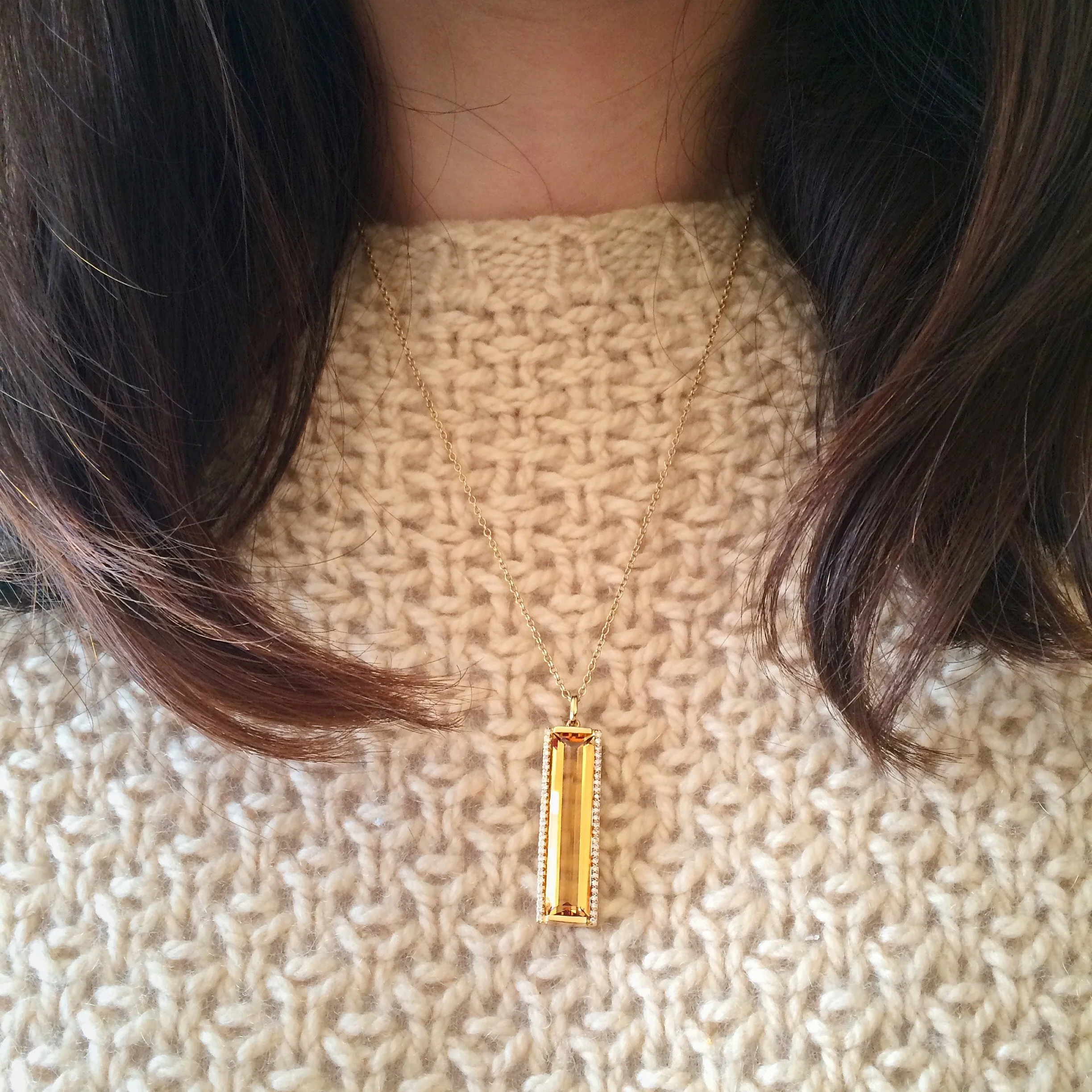 Jane Taylor Jewelry - Rosebud Vertical Bar Necklace with Citrine and Diamonds in 14K Yellow Gold.