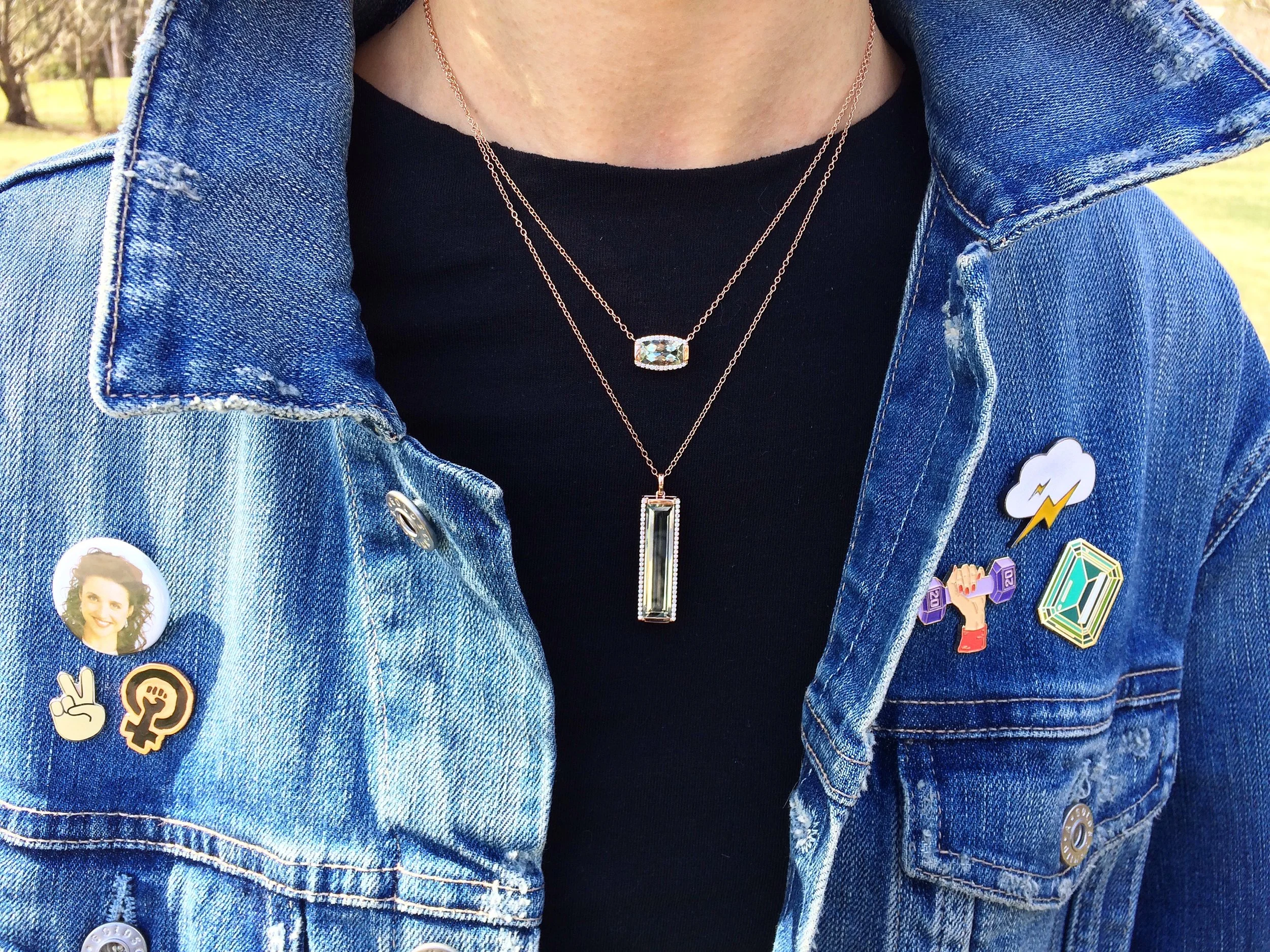 Jane Taylor Jewelry - Rosebud Baguette Bar and Horizontal Barrel-Cut Necklaces with Green Quartz and Diamonds in 14K Rose Gold.