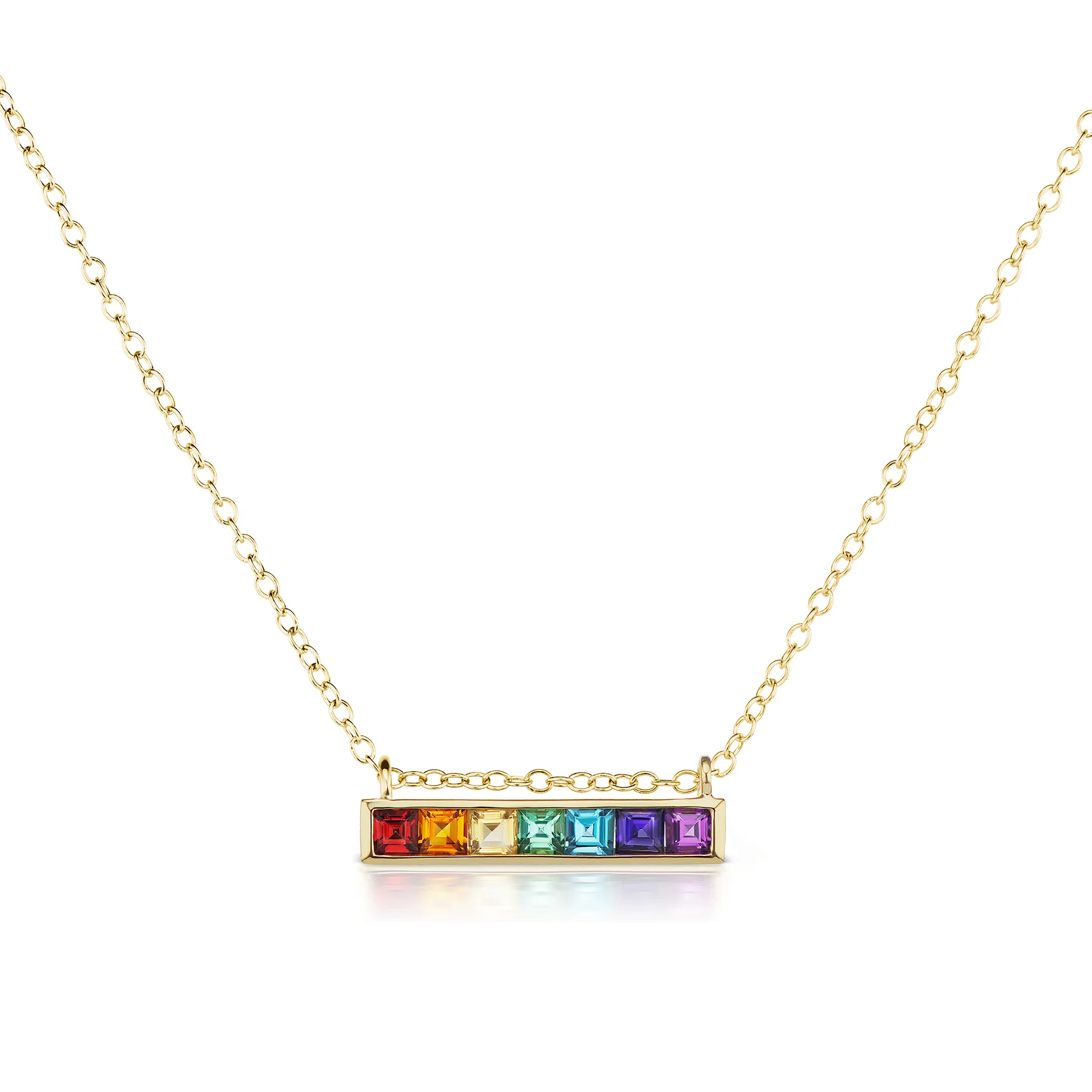 Jane Taylor Jewelry - Cirque Horizontal Bar Necklace in 14K Yellow Gold with Square Rainbow Gemstones.