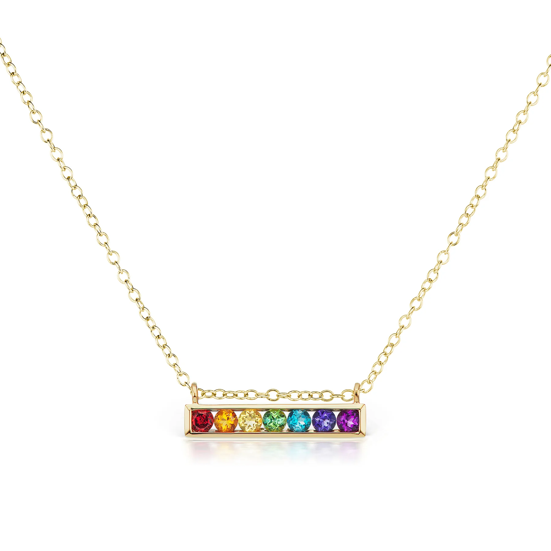 Jane Taylor Jewelry - Cirque Horizontal Bar Necklace 14K Yellow Gold with Round Rainbow Gemstones.