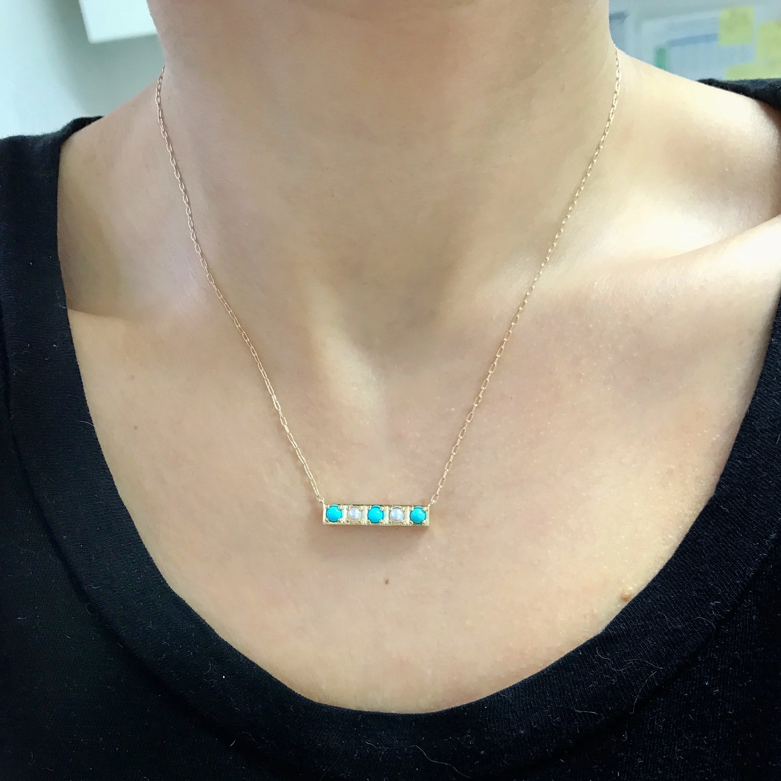 Jane Taylor Jewelry - Cirque 5-Stone Necklace with Sleeping Beauty Turquoise and Freshwater Pearl Cabochons in 14K Gold.