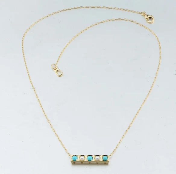 Jane Taylor Jewelry - Cirque 5-Stone Necklace with Sleeping Beauty Turquoise and Freshwater Pearl Cabochons in 14K Gold.