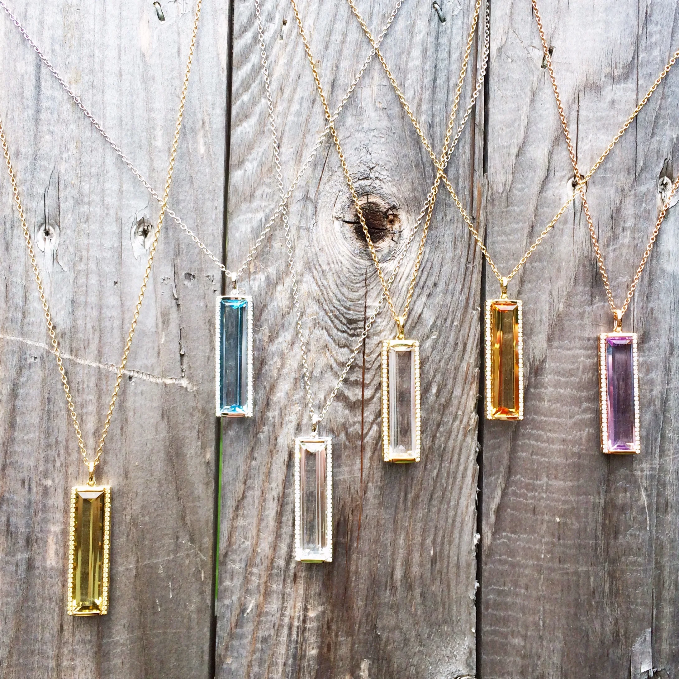 Jane Taylor Jewelry - Rosebud Baguette Bar Necklace with White Topaz, Citrine, Cognac Quartz, Amethyst, Blue Topaz and Diamonds in 14K Gold.