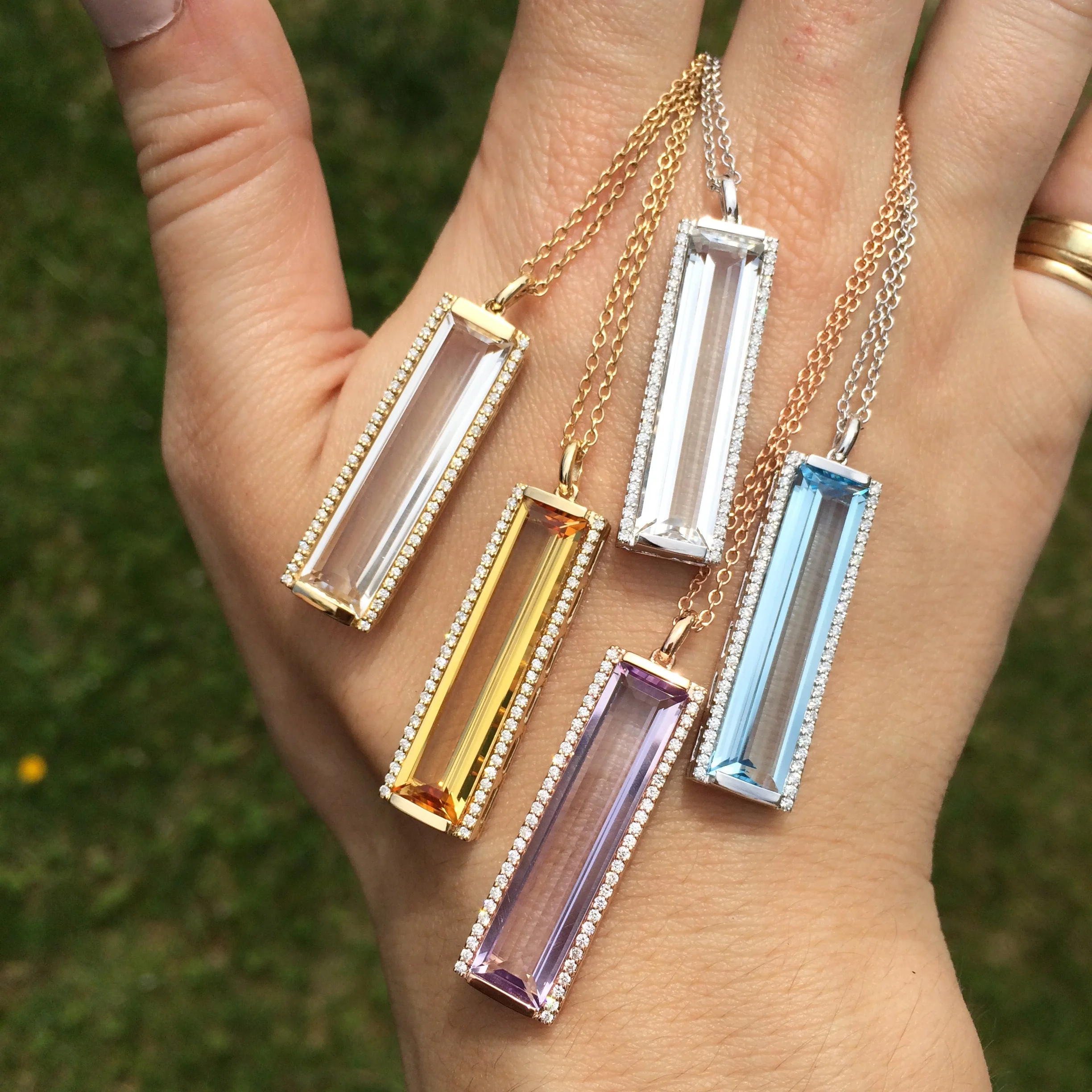 Jane Taylor Jewelry - Rosebud Baguette Bar Necklace with White Topaz, Citrine, Amethyst, Blue Topaz, and Diamonds in 14K Gold.