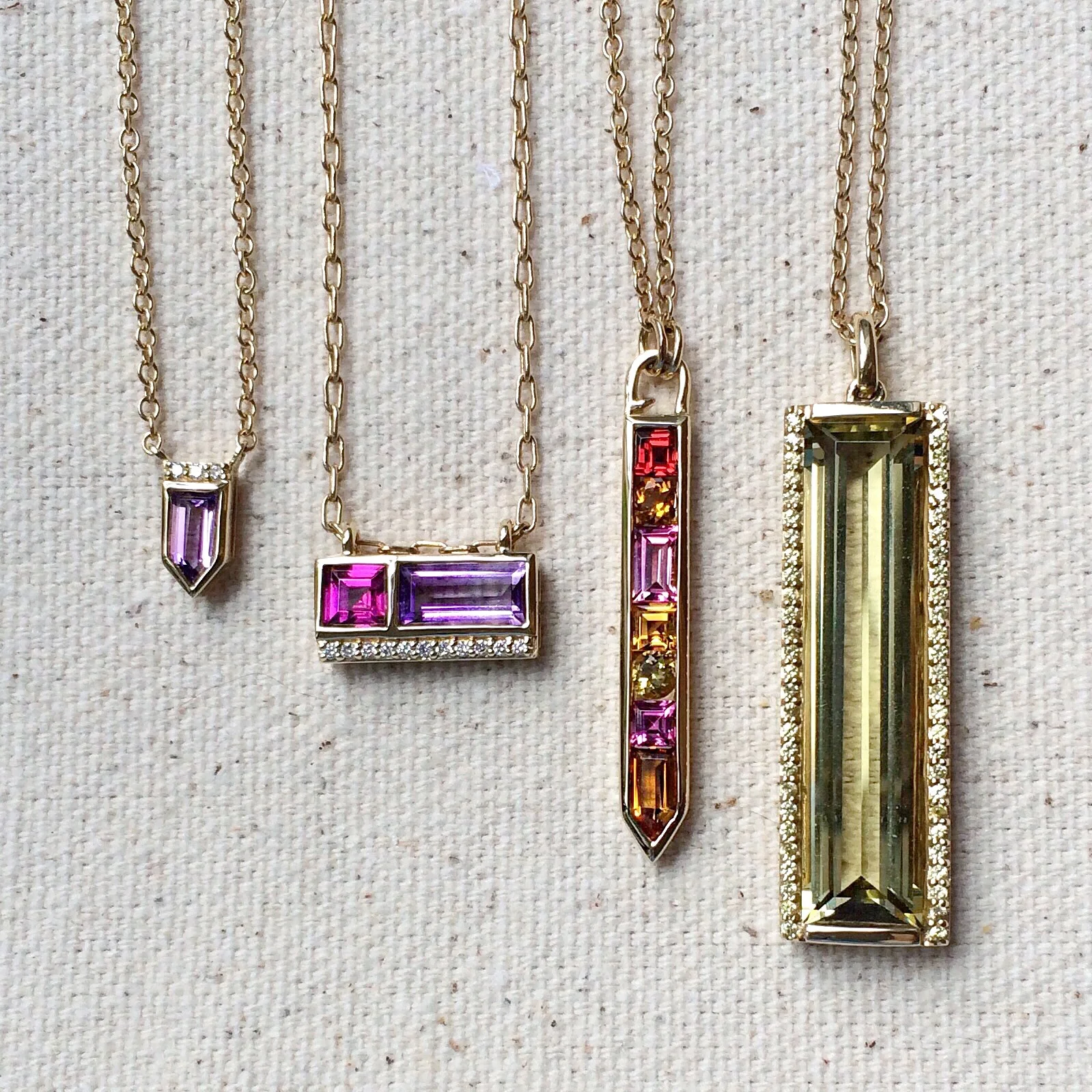 Jane Taylor Jewelry - Petite Arrow, 2-Stone, Vertical Arrow, and Vertical Baguette Bar Necklaces with Amethyst, Garnet, Tourmaline, Citrine, Yellow Beryl, Green Quartz and Diamonds in 14K Gold.