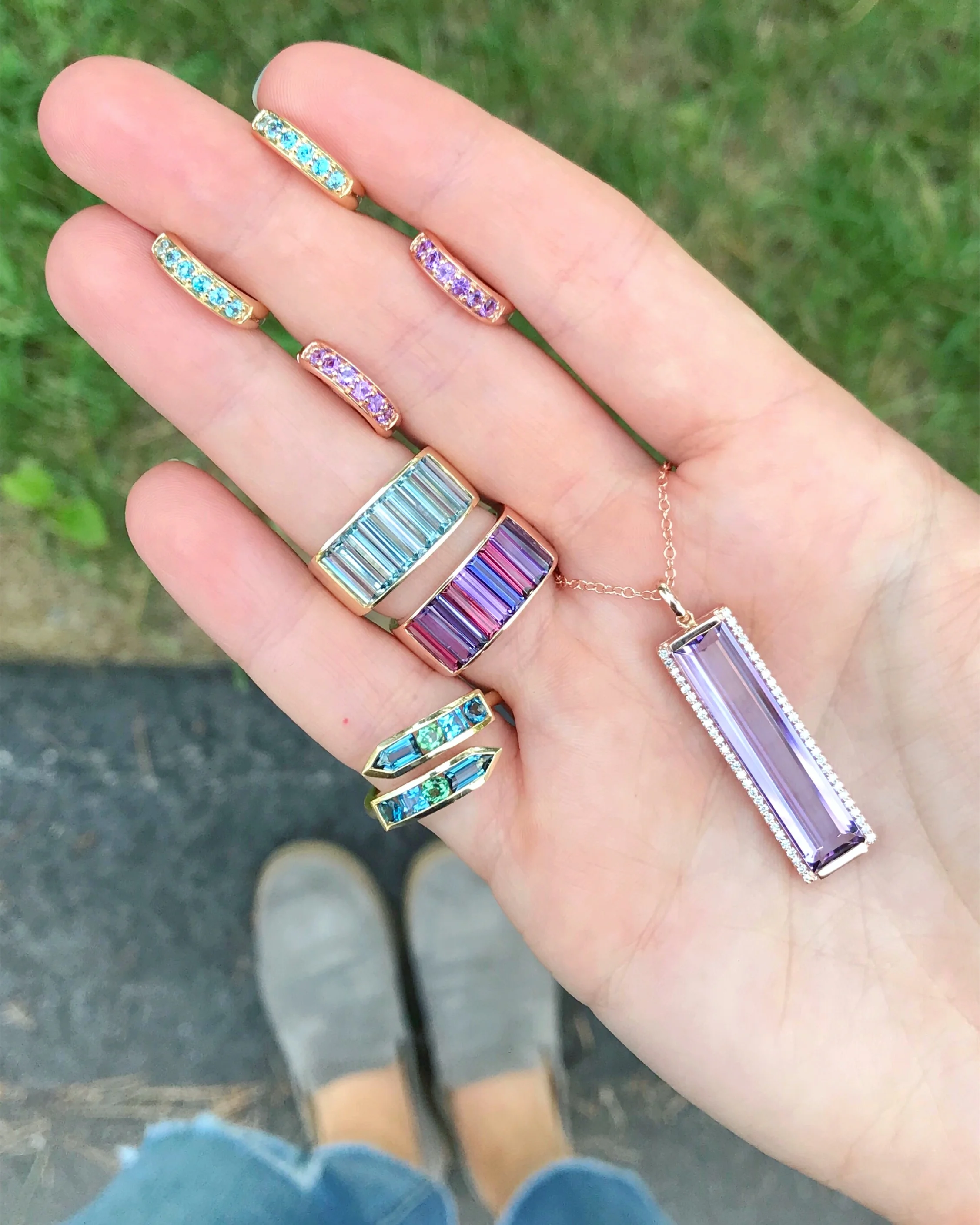 Jane Taylor Jewelry - Baguette Rings, Bypass Arrow Ring, Hoop Earrings and Baguette Bar Necklace with Topaz, Tourmaline, Amethyst, Iolite, Blue Zircon and Diamonds in 14K Gold.