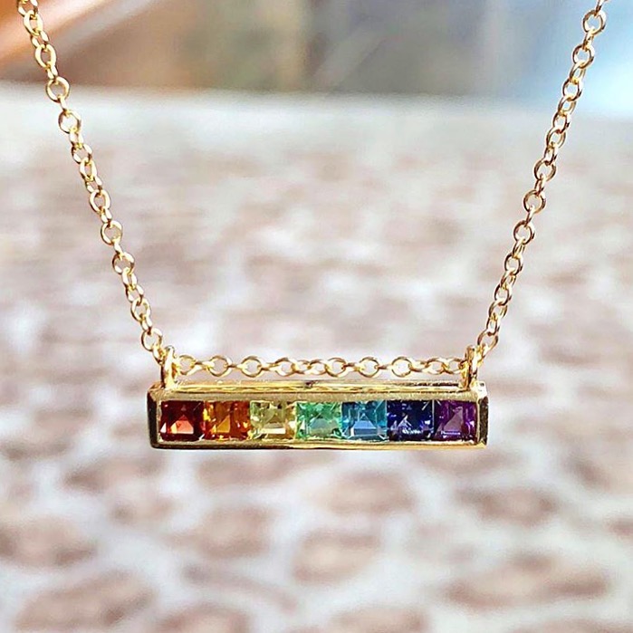Jane Taylor Jewelry - Cirque Horizontal Bar Necklace in 14K Yellow Gold with Square Rainbow Gemstones.
