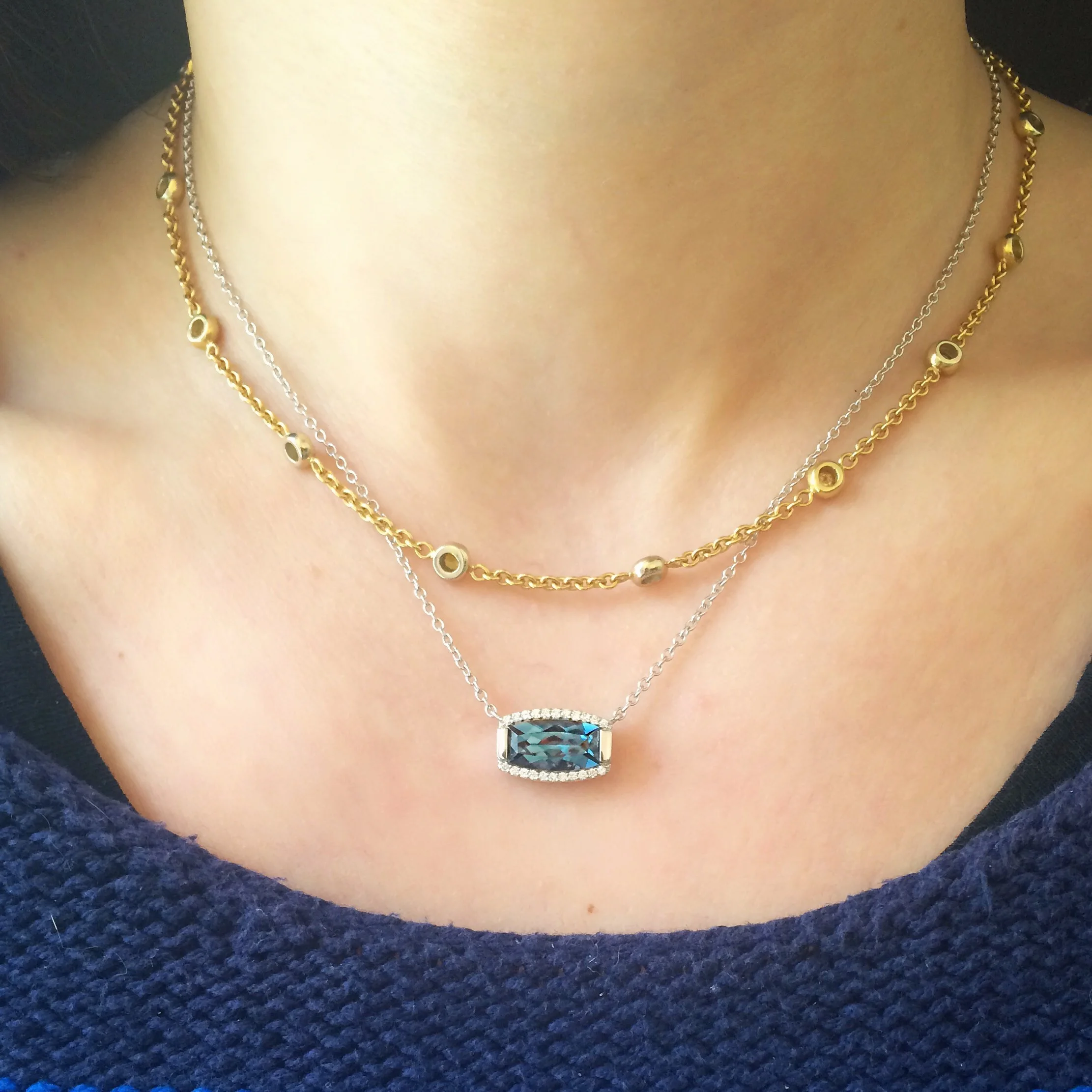 Jane Taylor Jewelry - Rosebud Barrel-Cut Necklace with London Blue Topaz and Diamonds in 14K Gold.