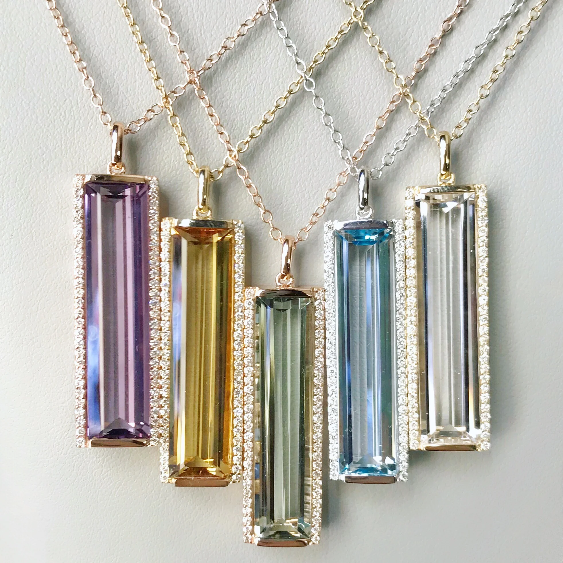 Jane Taylor Jewelry - Rosebud Baguette Bar Necklaces with Amethyst, Cognac Quartz, Grene Quartz, Blue Topaz, White Topaz and Diamonds in 14K Gold.
