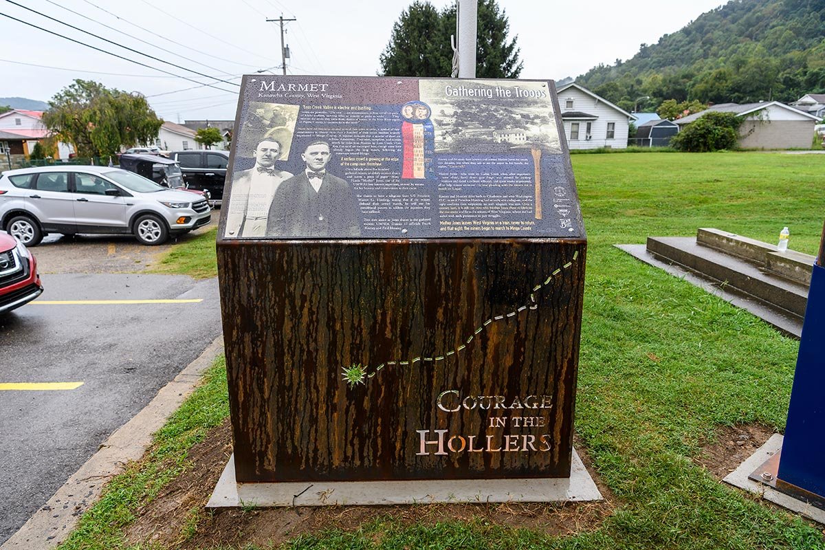 Interpretive signage in front of the George Buckley Community Center in Marmet, WV  |  photo by Dylan Vidovich