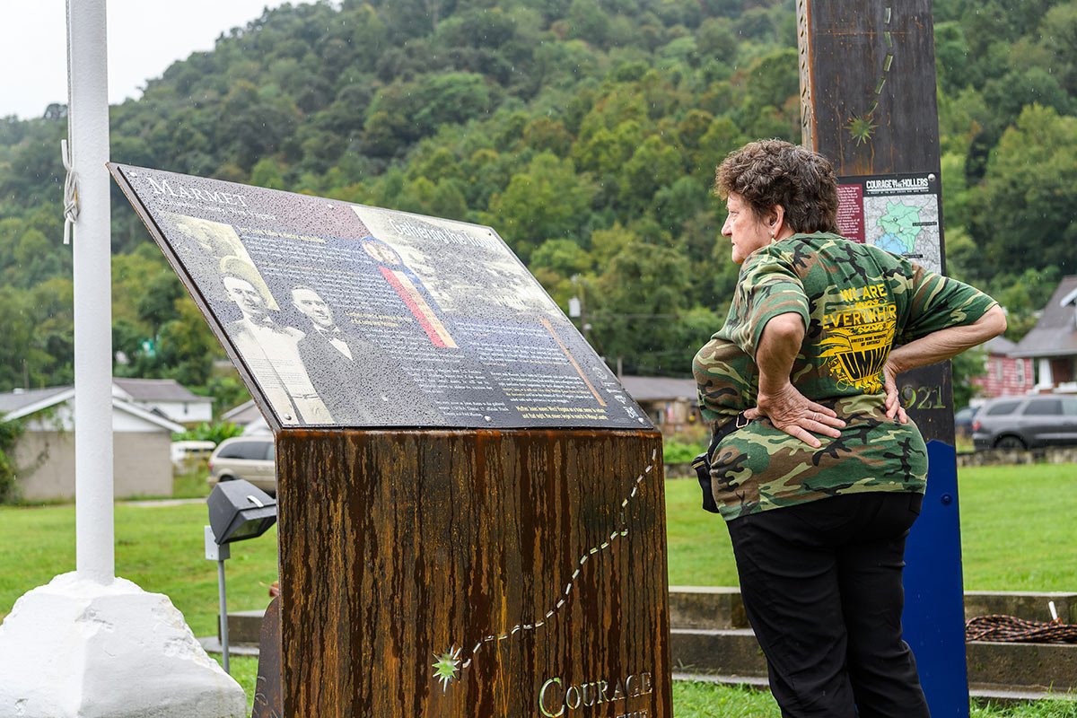 Interpretive signage in front of the George Buckley Community Center in Marmet, WV  |  photo by Dylan Vidovich
