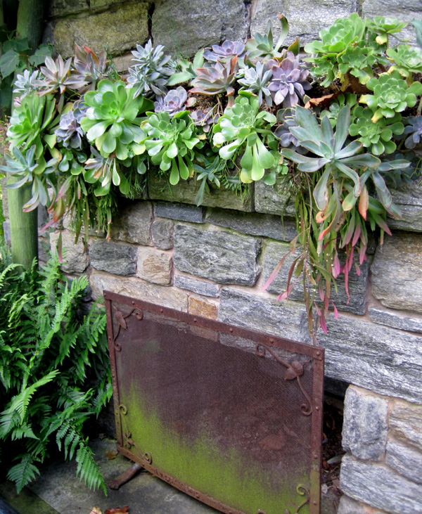 A second outdoor fireplace is festooned with succulents.