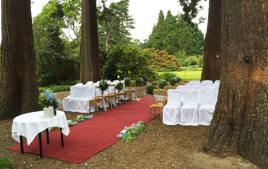 A stand of coastal redwoods planted in the 1920s creates a cathedral-like atmosphere and is a popular site for weddings.