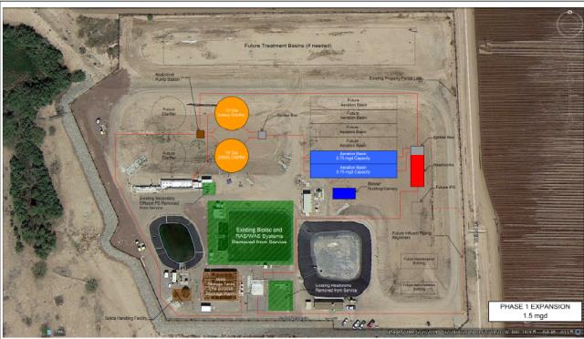 This picture shows a conceptual layout of what the plant could look like after the first phased expansion to 1.5 million gallons per day.