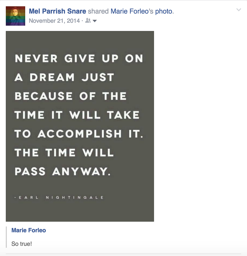 This is a meme generated by Marie Forleo that I posted to Social Media not long after I decided to take a foray into the fashion world. It's true that dreams take time to manifest. In my case, it was over 15 years. Read more about my journey in my post, "Why Not You?"
