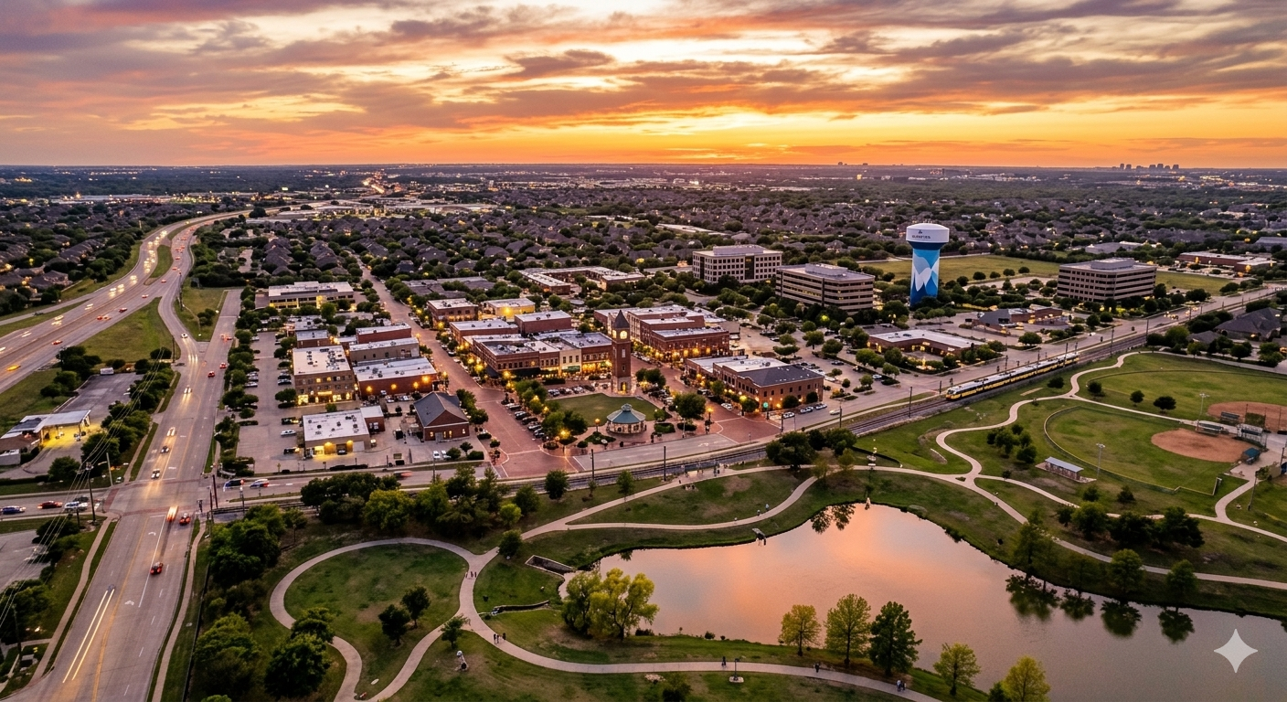 carrollton-tx-sunset-aerial-downtown-square-josey-ranch-lake-landmark-panorama.png