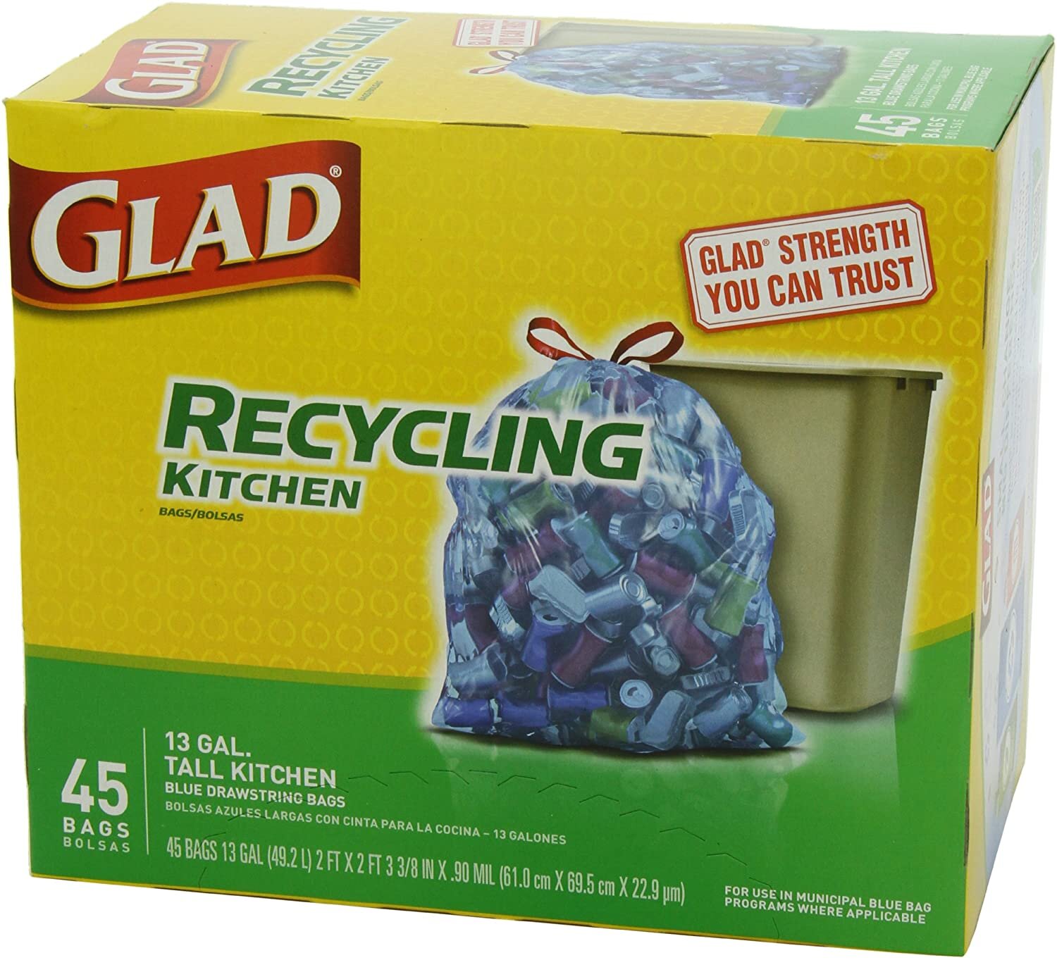 45 Count Glad Tall Kitchen Drawstring Clear Recycling Trash Bags 13 Gallon 