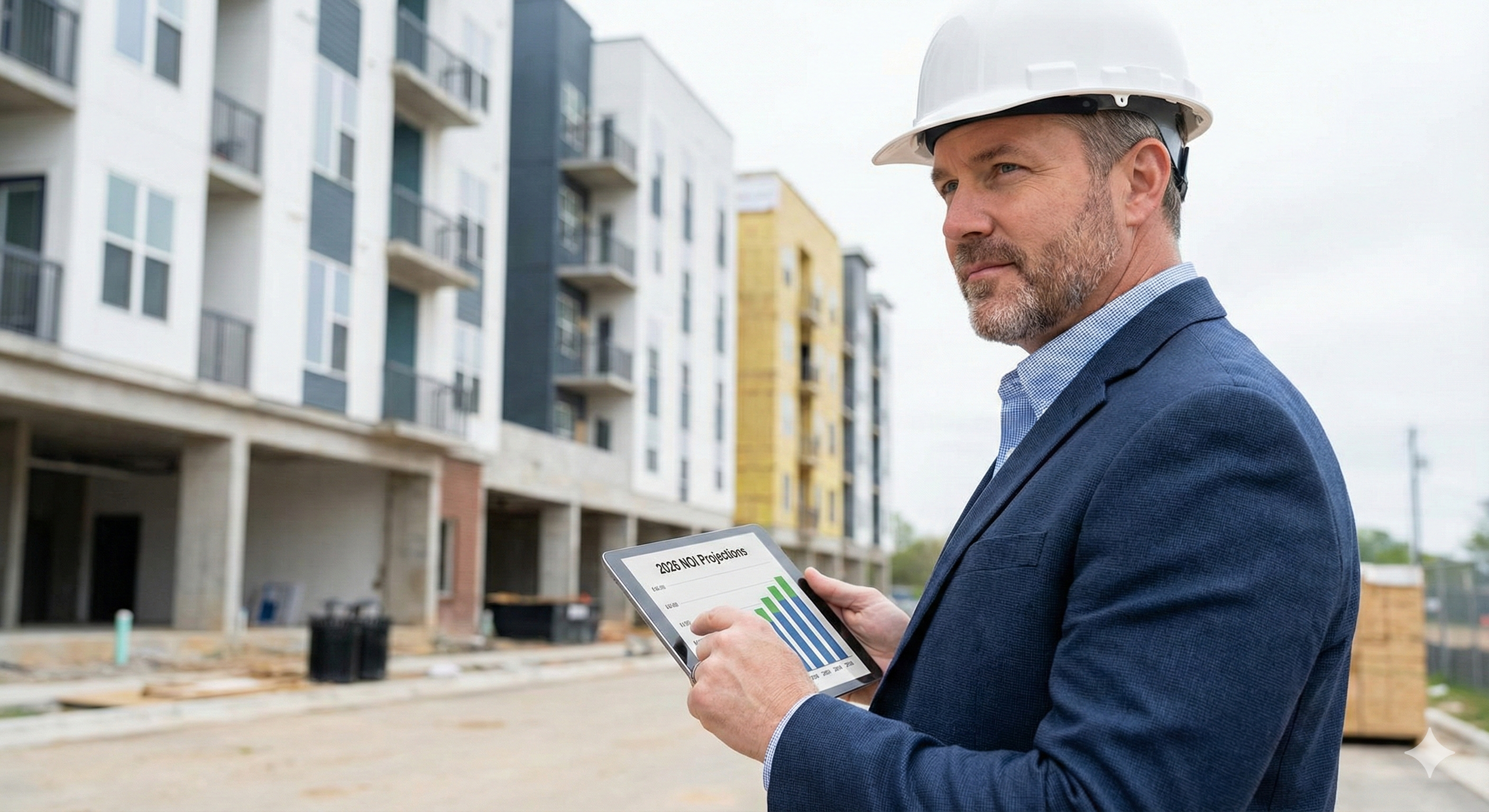 This image features a 45-year-old male apartment owner at a new development site. He is reviewing "2026 NOI Projections" on a tablet, representing the owner's long-term financial perspective and investment in future growth.