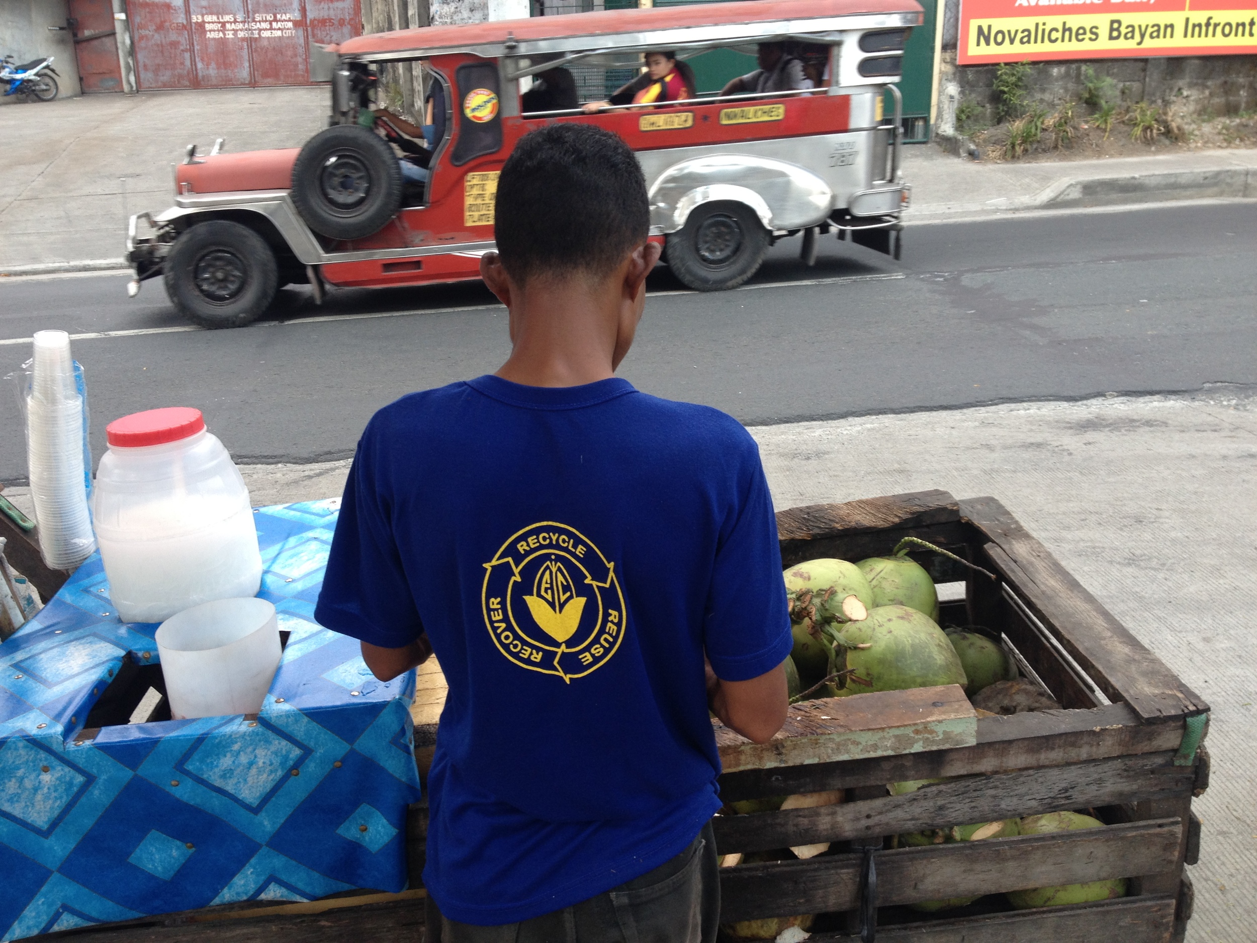 Buko is another staple. The coconut gives at least 4 glasses of water and the meat is a hardy snack. This vendor, Francis, wears a shirt with the Reduce, Reuse, Recycle logo. The coconut shell itself is already a natural packaging and it makes me cringe when I see the vendors using plastic bags and cups to serve the water and meat. 