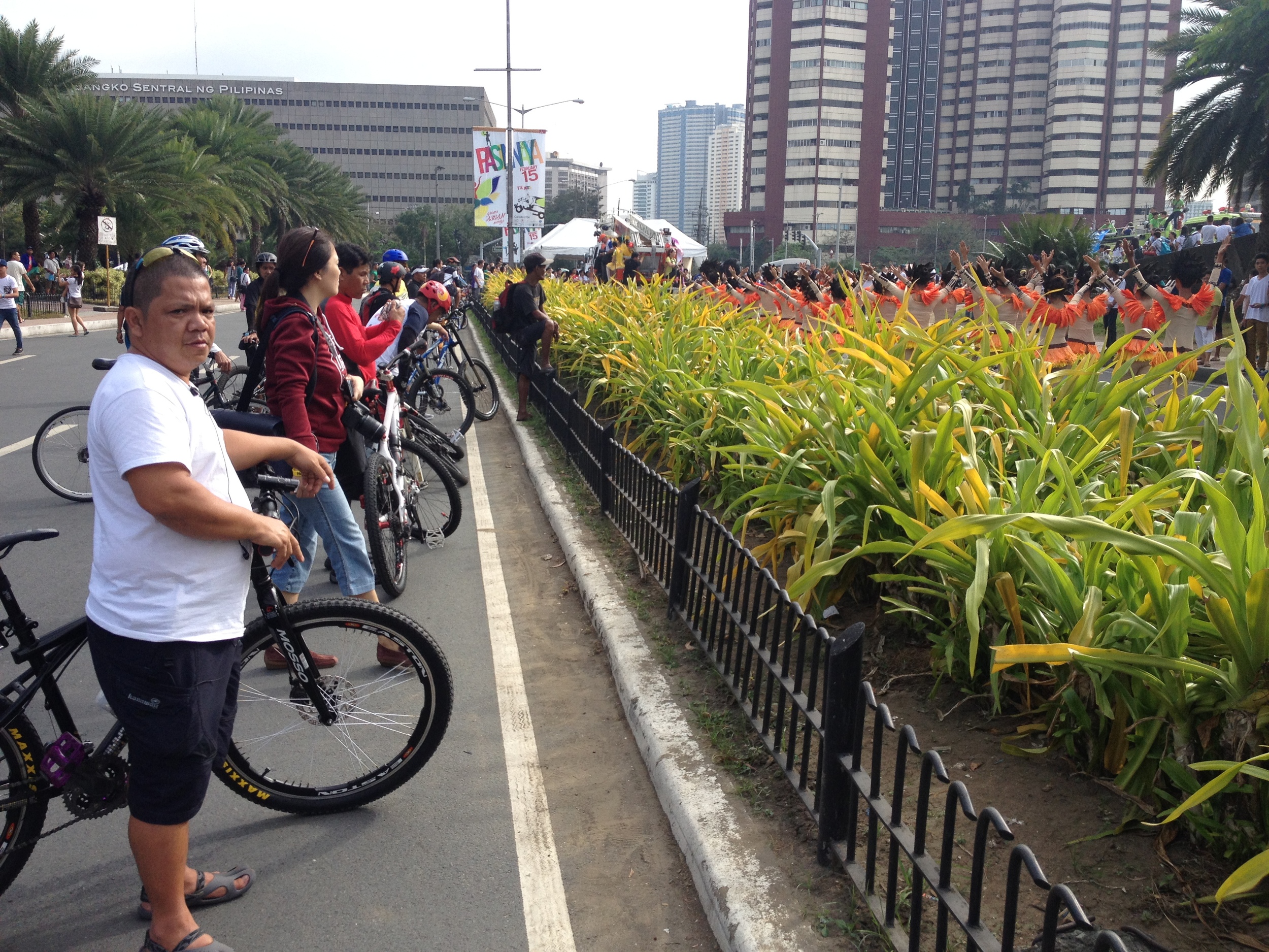 BIkers lined up for a view of the dancers. 