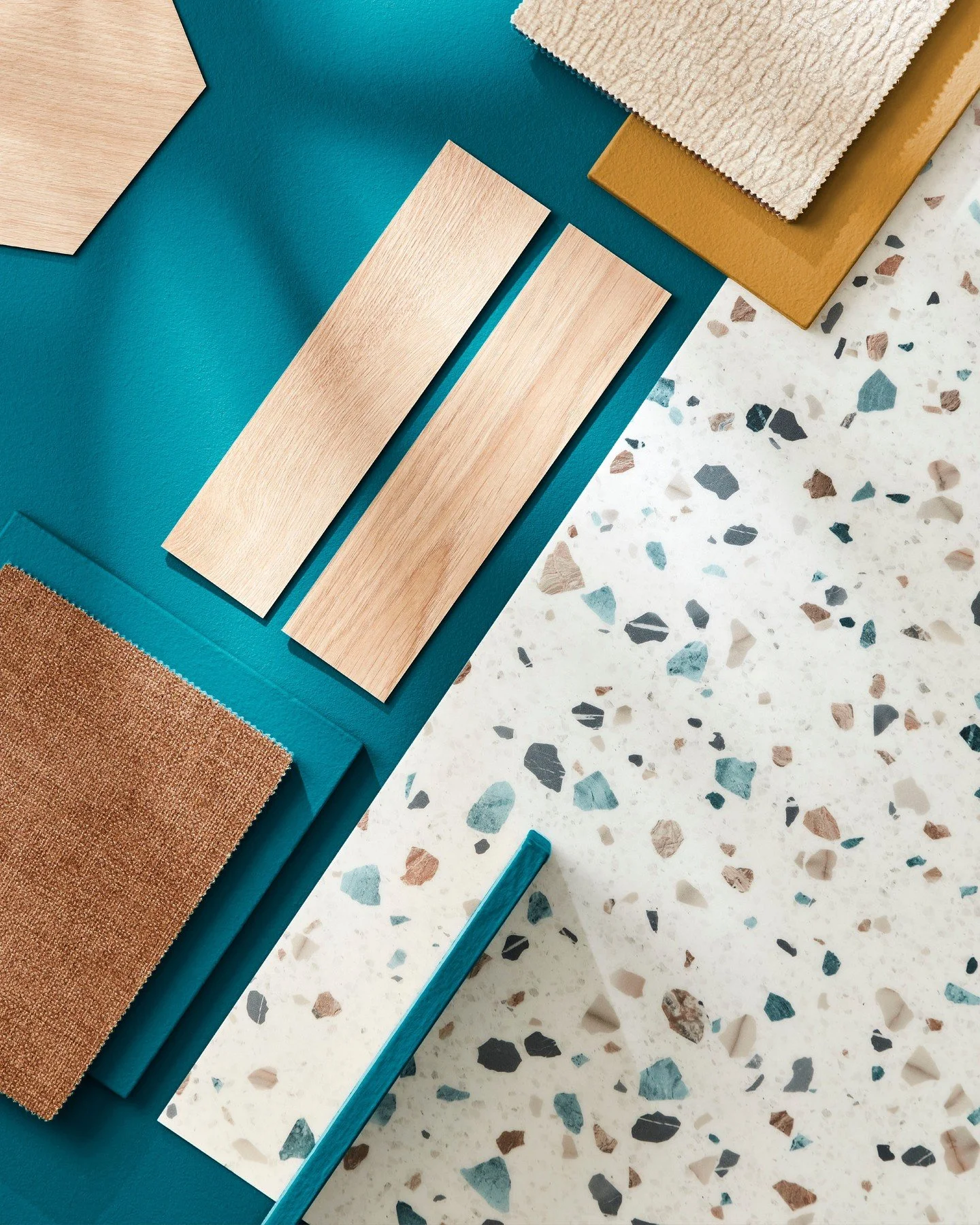 Playful yet grounded&mdash;this composition combines the energy of teal with the warmth of natural oak, the richness of ochre, and the tactility of soft textiles. Terrazzo ties it all together, celebrating pattern, color, and materiality in one expre